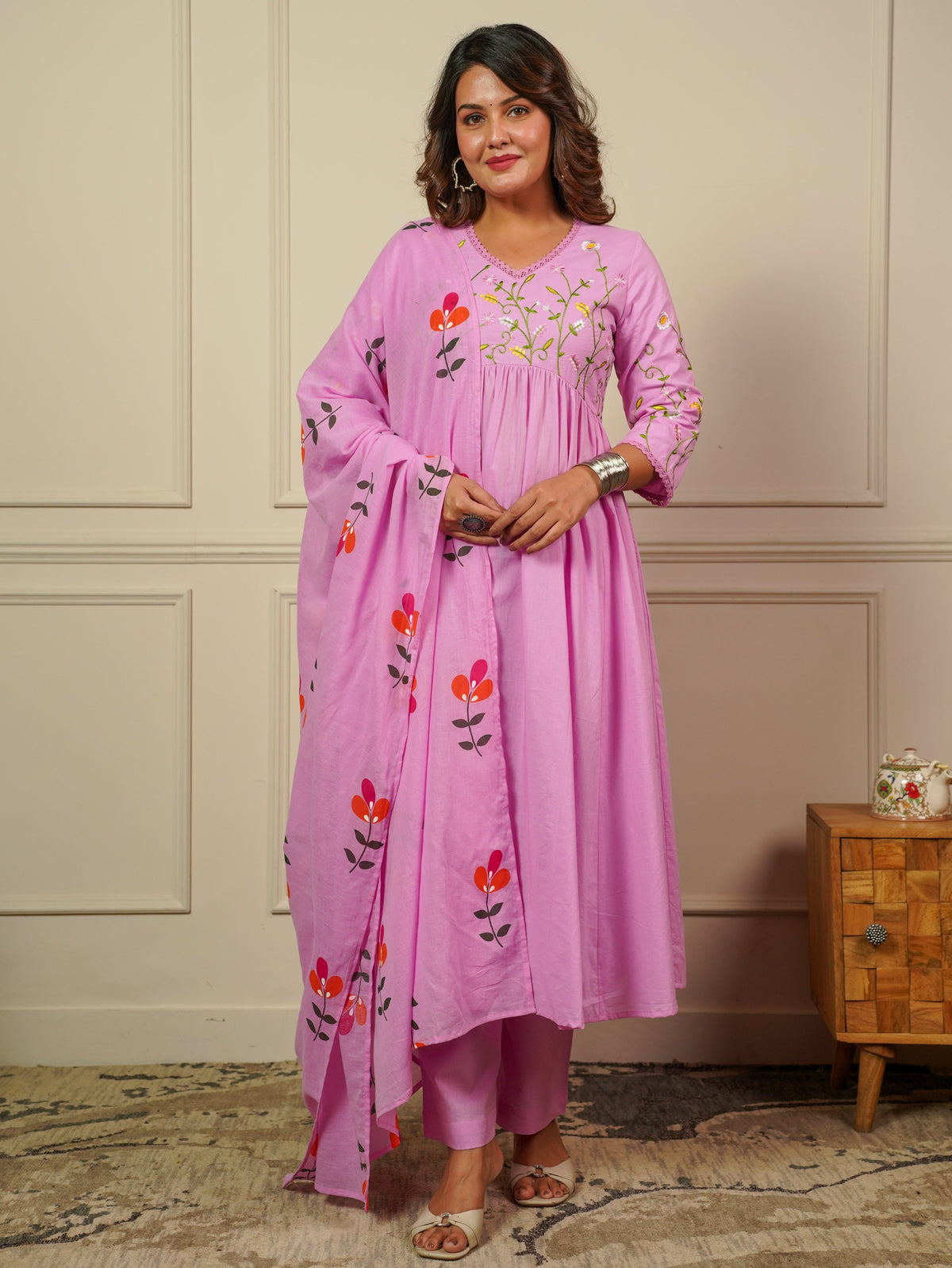Embroidered Soft Cotton Solid Anarkali Baby Pink Kurta