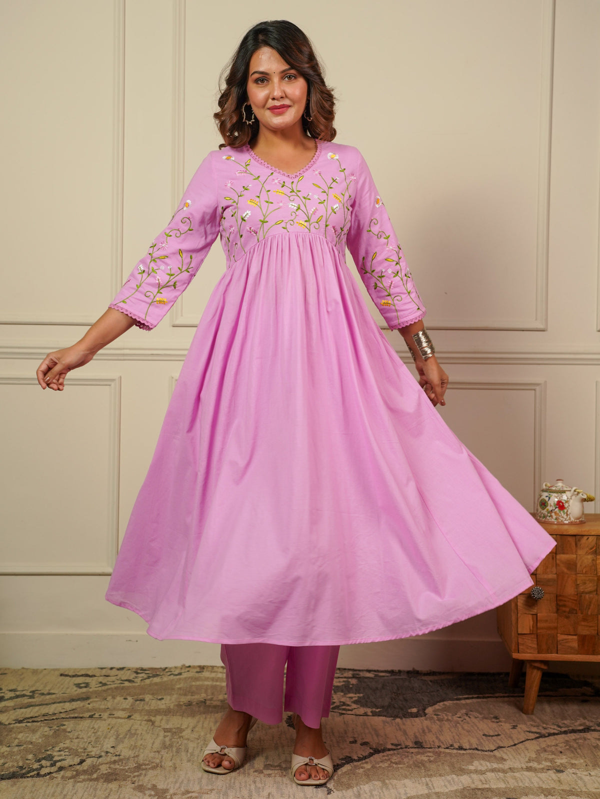Embroidered Soft Cotton Solid Anarkali Baby Pink Kurta