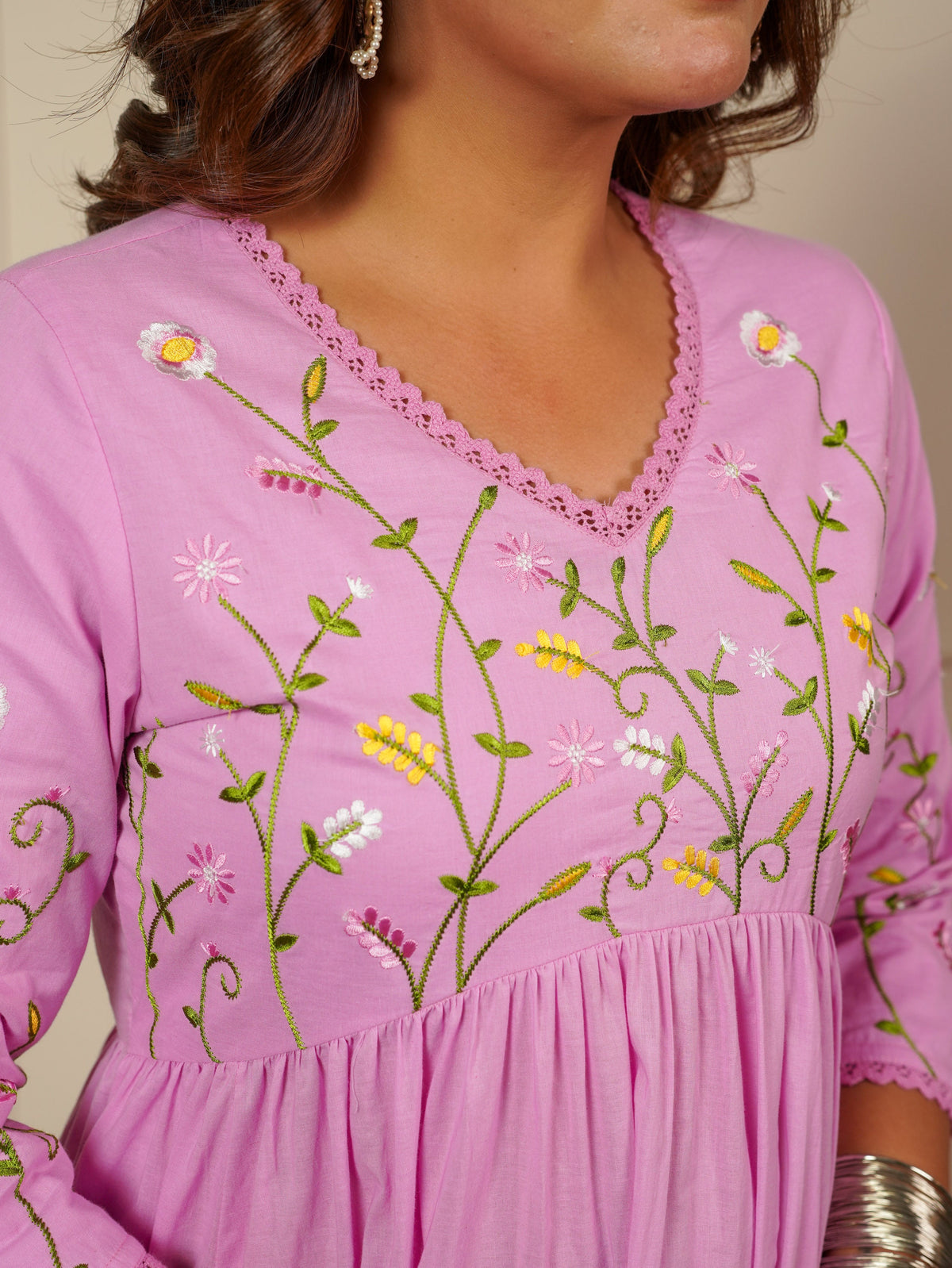 Embroidered Soft Cotton Solid Anarkali Baby Pink Kurta