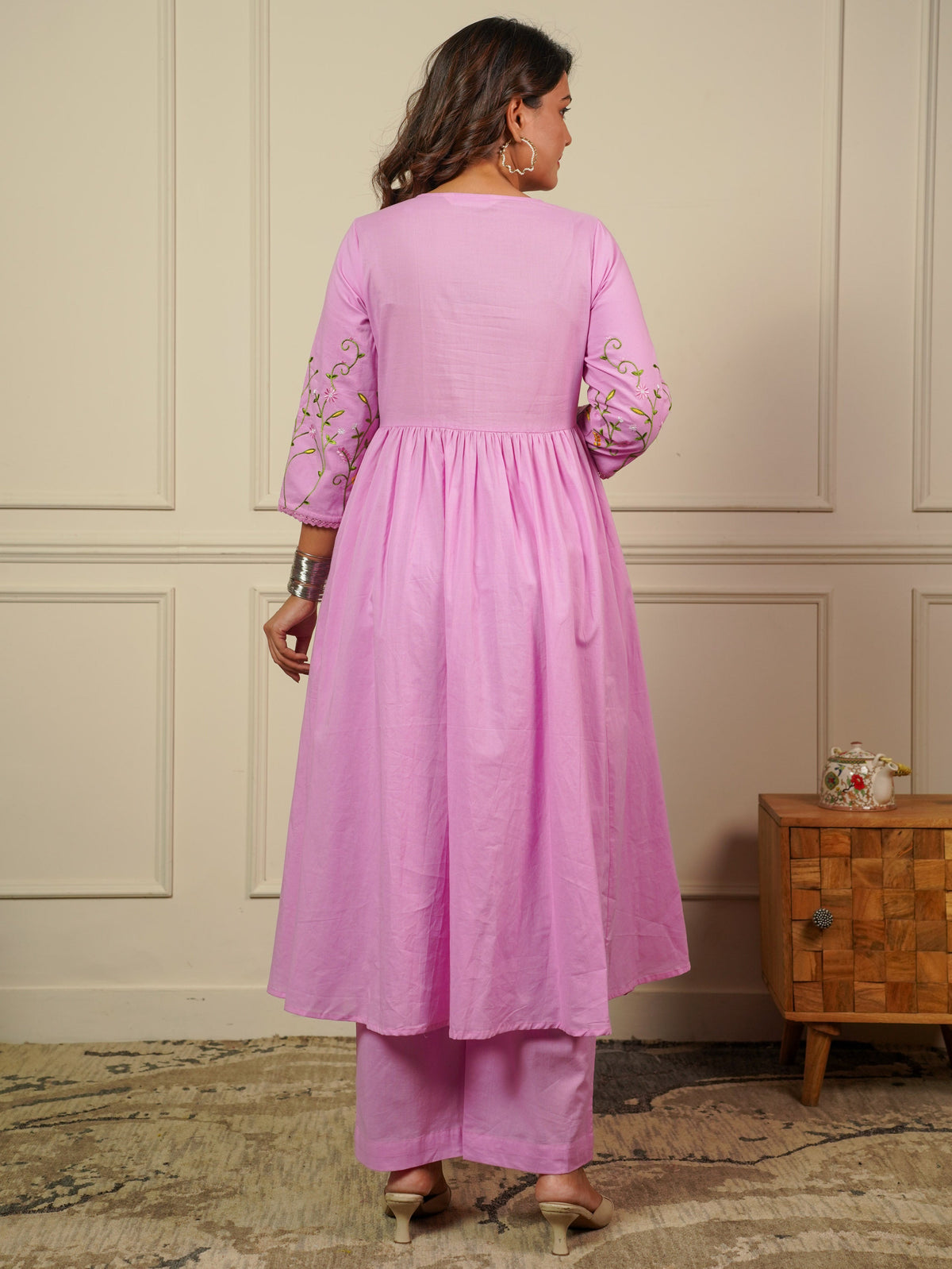 Embroidered Soft Cotton Solid Anarkali Baby Pink Kurta