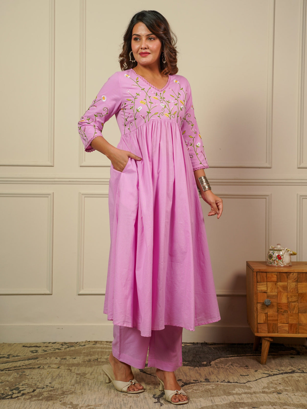 Embroidered Soft Cotton Solid Anarkali Baby Pink Kurta