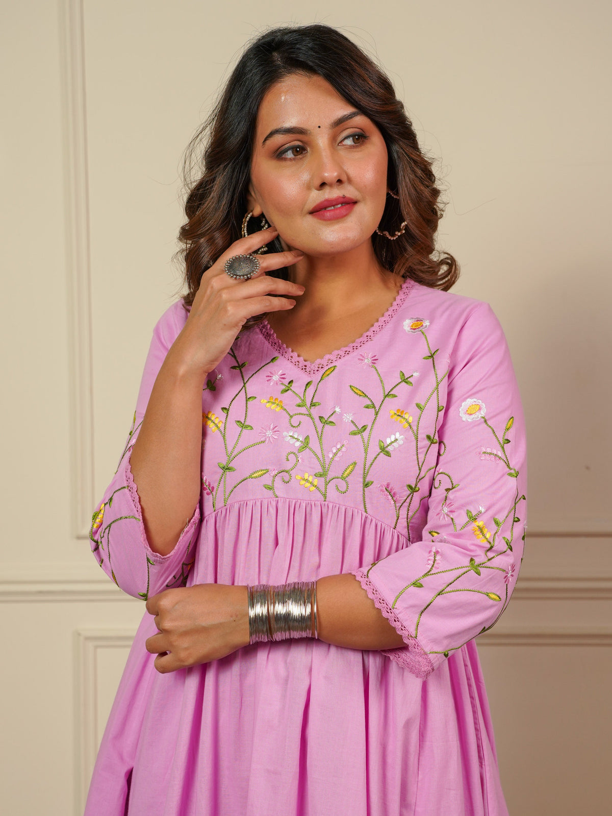 Embroidered Soft Cotton Solid Anarkali Baby Pink Kurta