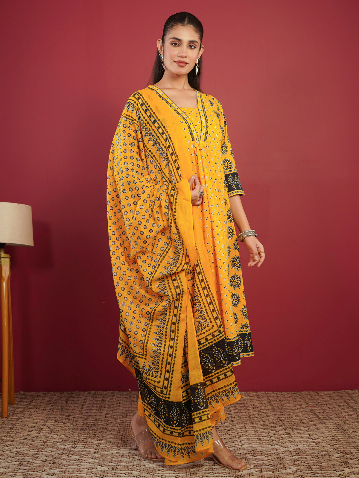 Soft Cotton Geometric A-line Orange Kurta