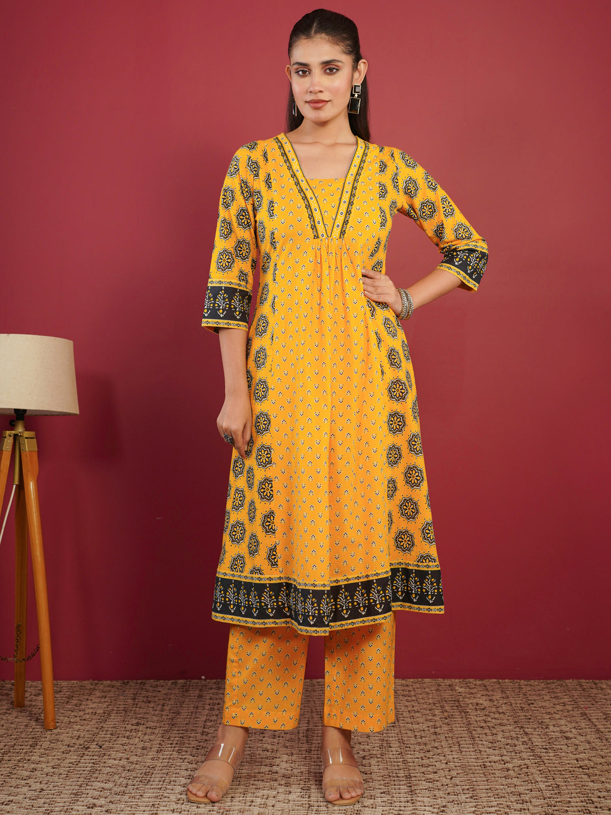 Soft Cotton Geometric A-line Orange Kurta