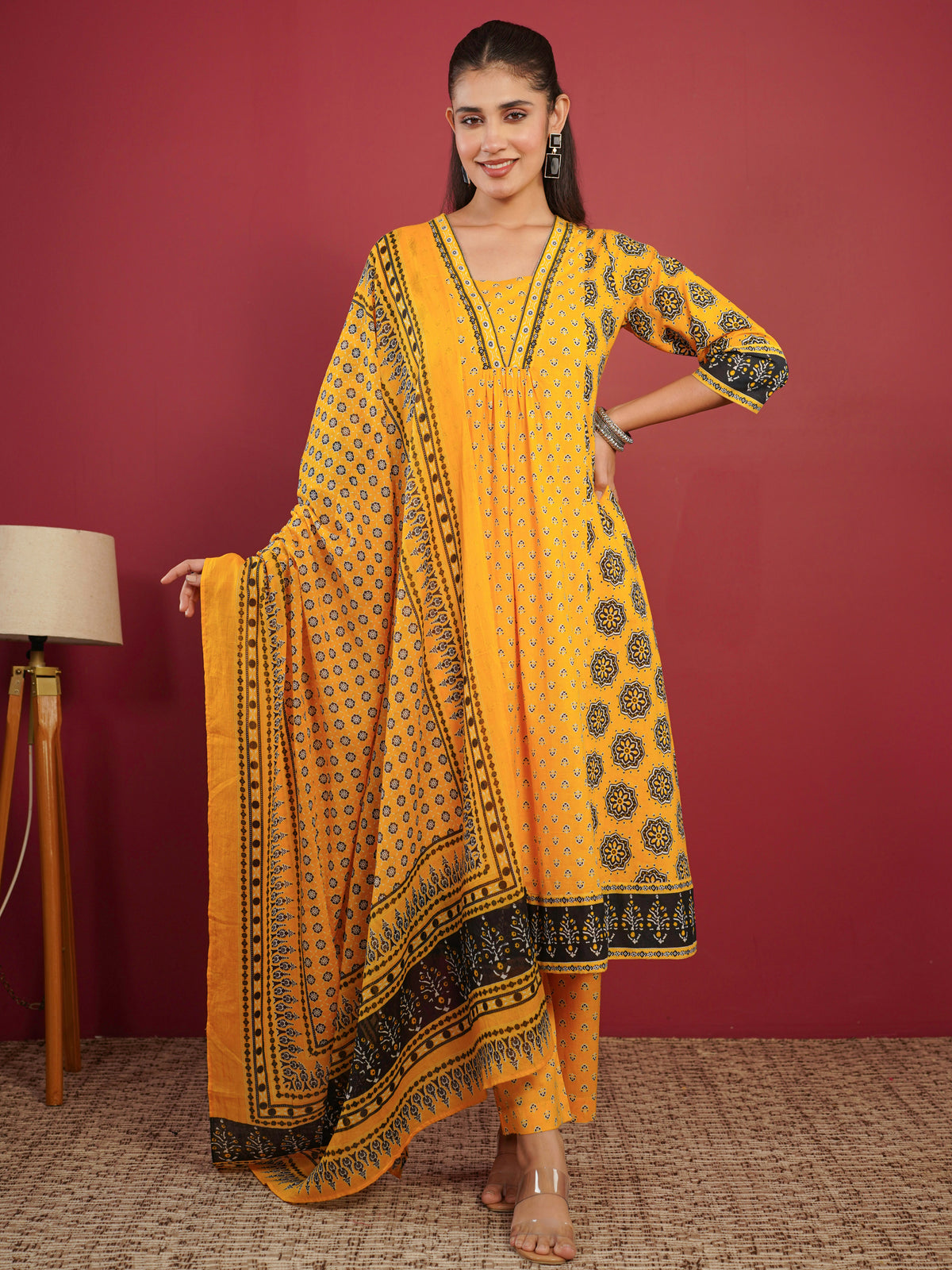 Soft Cotton Geometric A-line Orange Kurta