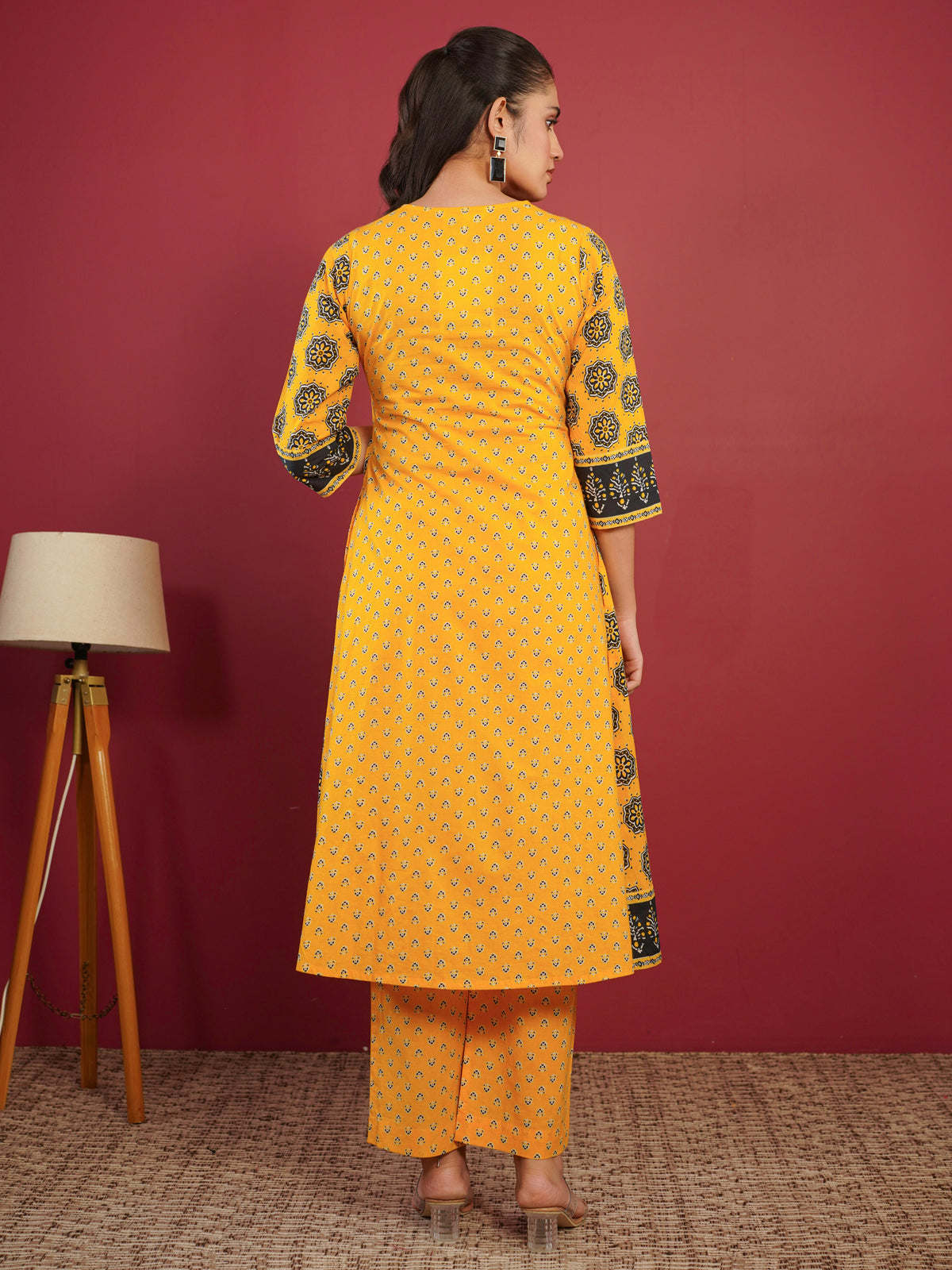 Soft Cotton Geometric A-line Orange Kurta