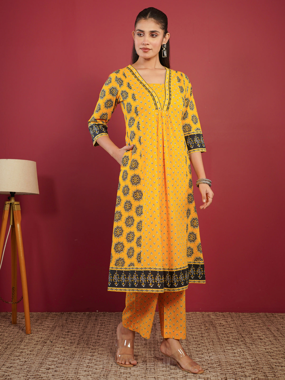 Soft Cotton Geometric A-line Orange Kurta