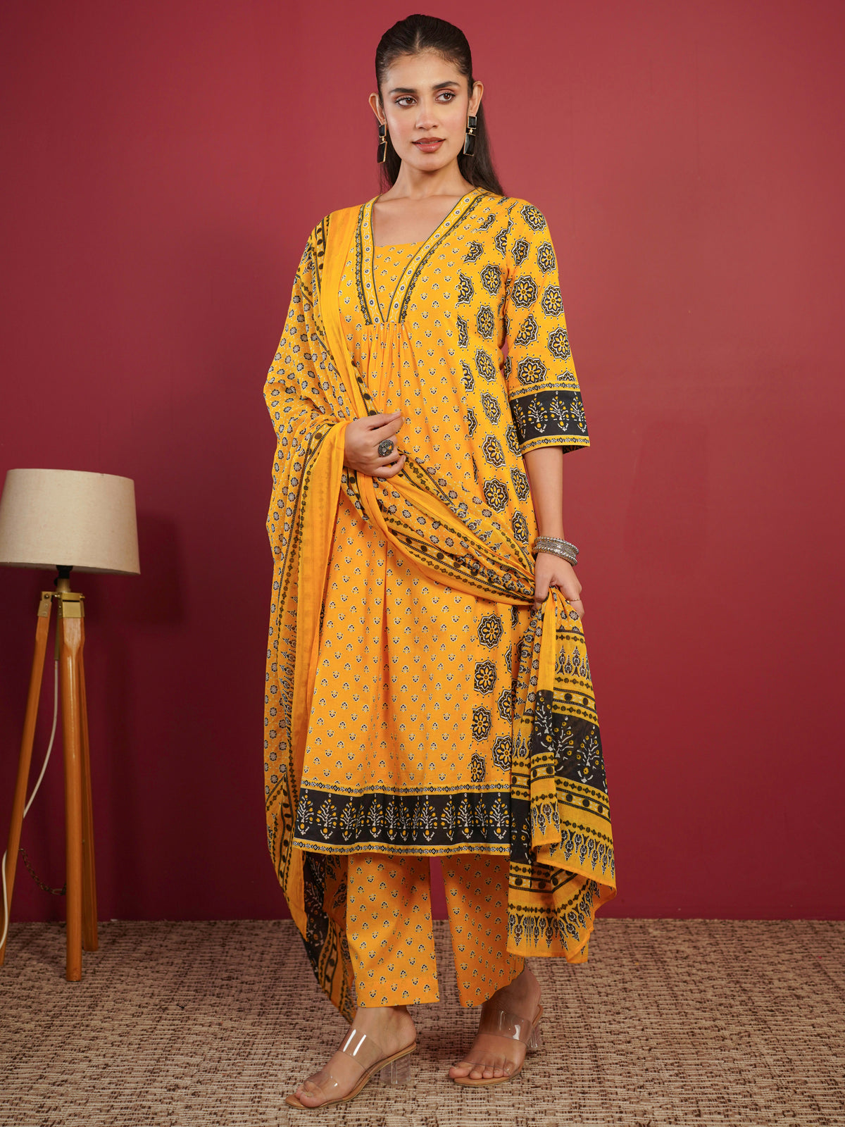 Soft Cotton Geometric A-line Orange Kurta