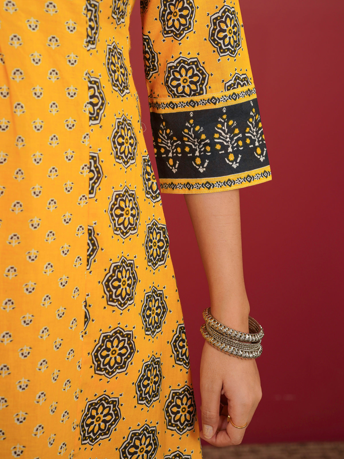 Soft Cotton Geometric A-line Orange Kurta