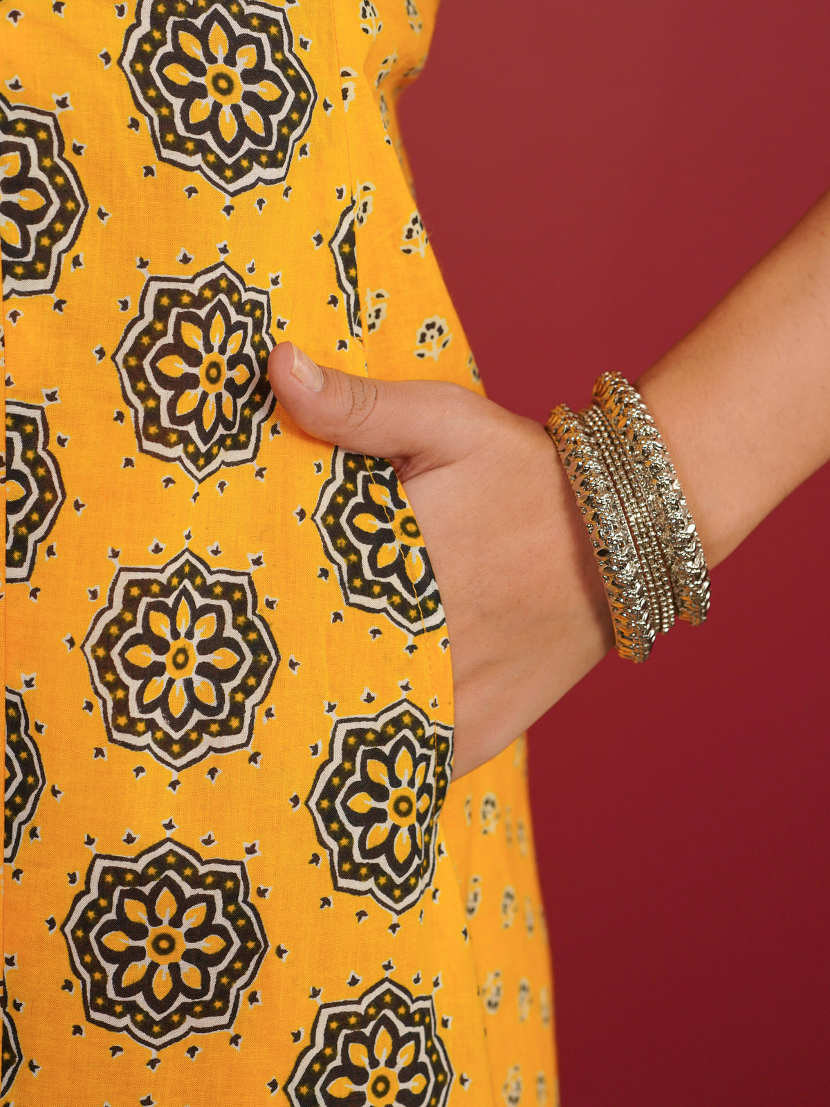 Soft Cotton Geometric A-line Orange Kurta