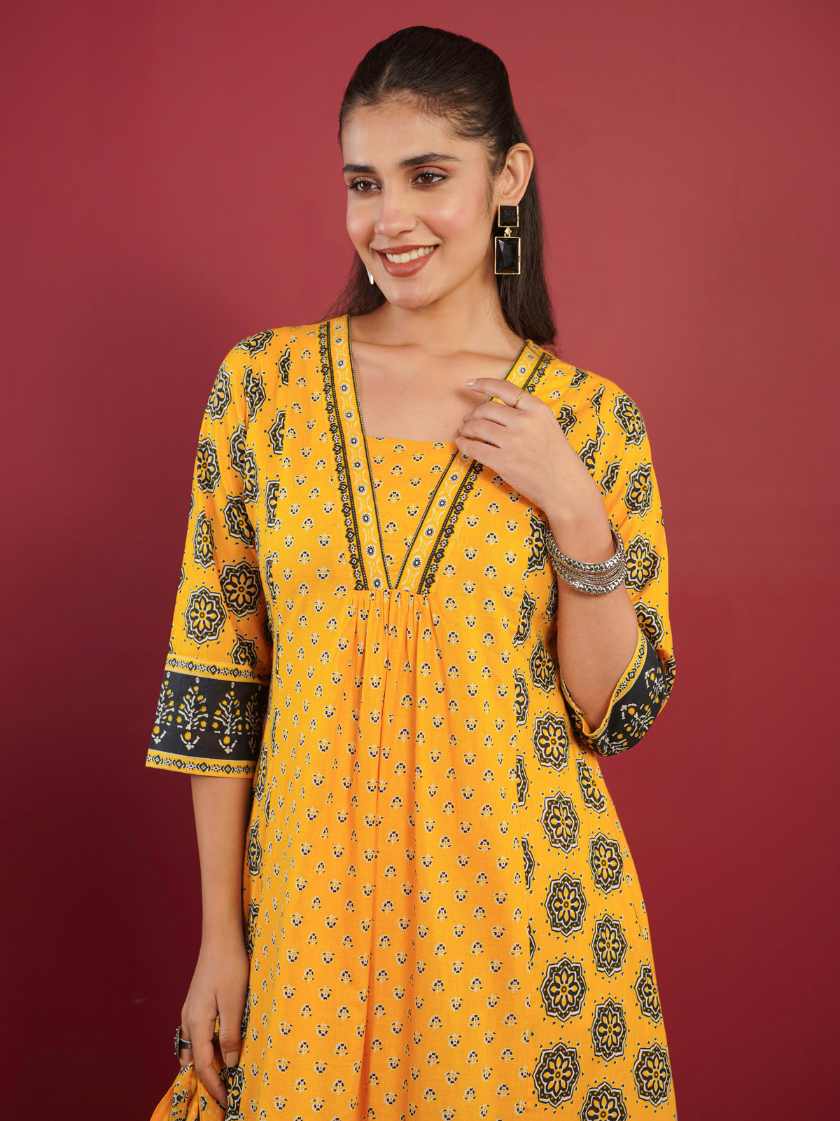 Soft Cotton Geometric A-line Orange Kurta