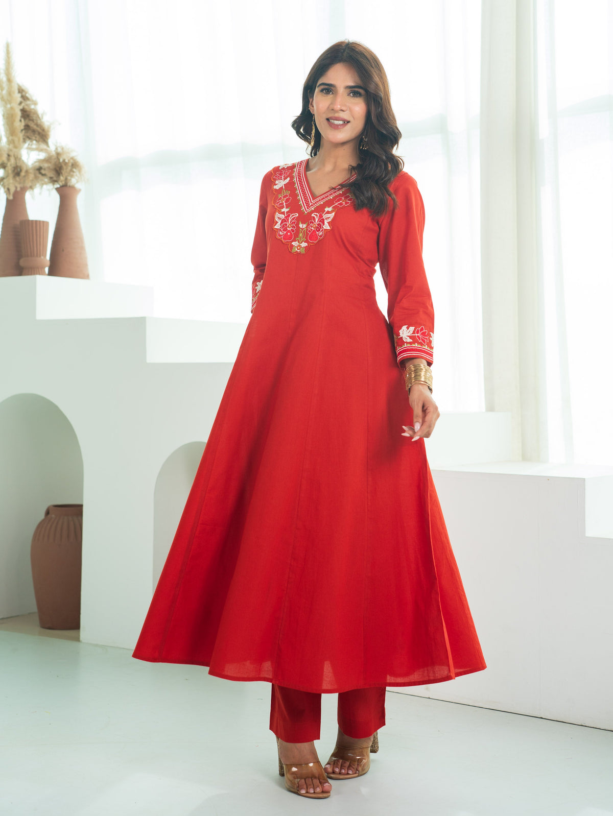 Embroidered Soft Cotton Solid Anarkali Rust Kurta