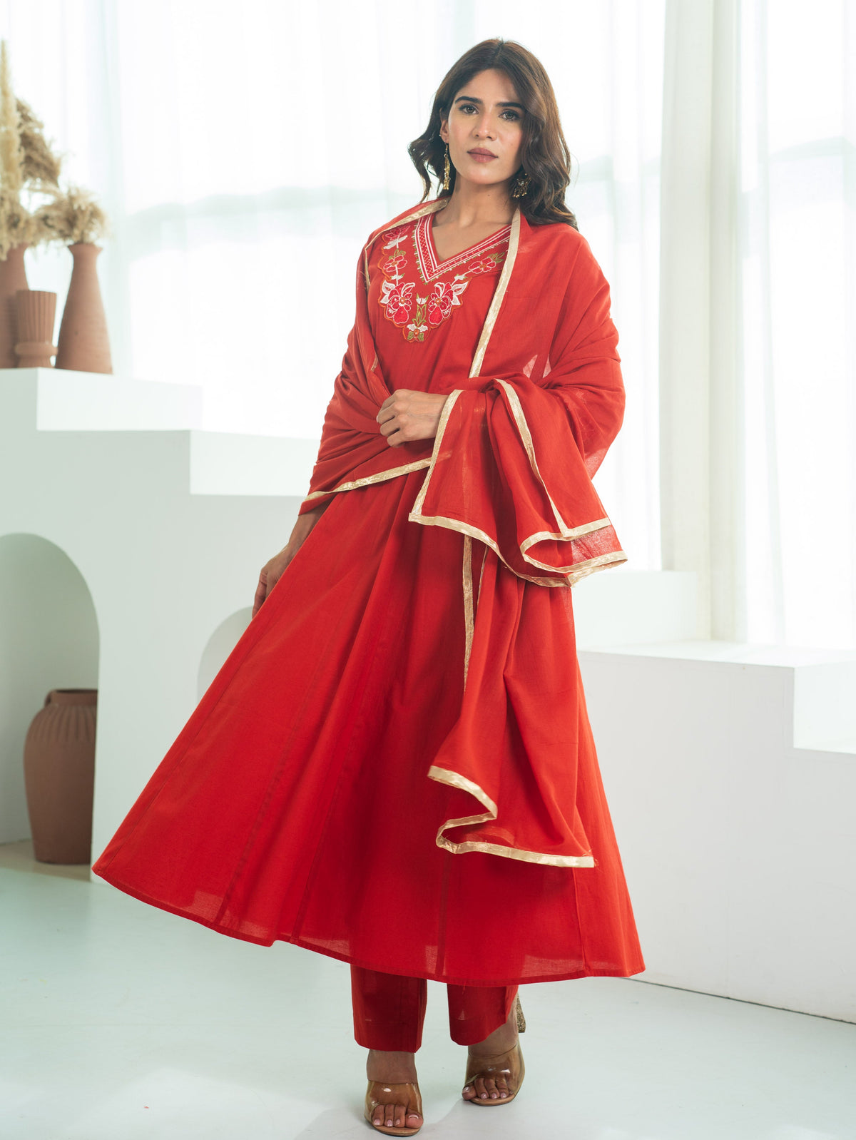 Embroidered Soft Cotton Solid Anarkali Rust Kurta