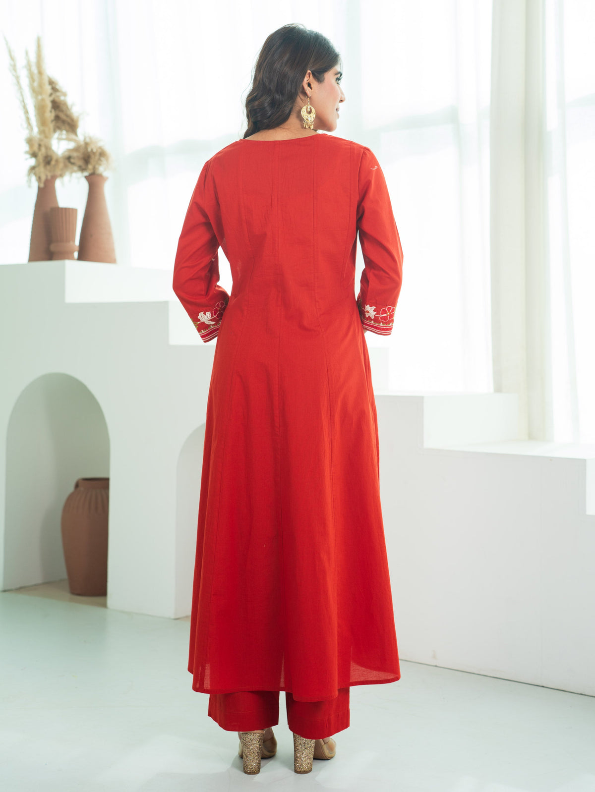 Embroidered Soft Cotton Solid Anarkali Rust Kurta