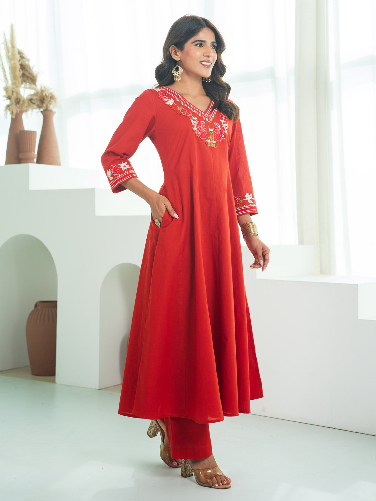 Embroidered Soft Cotton Solid Anarkali Rust Kurta