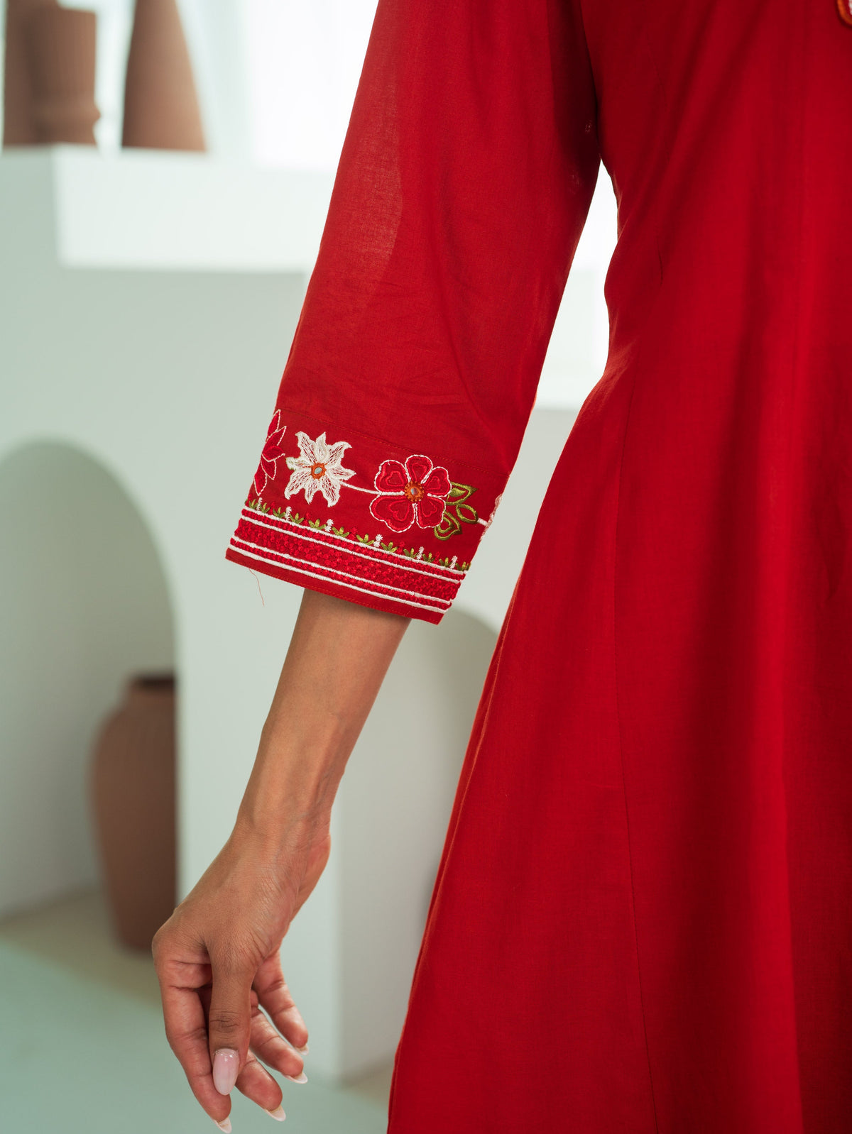 Embroidered Soft Cotton Solid Anarkali Rust Kurta
