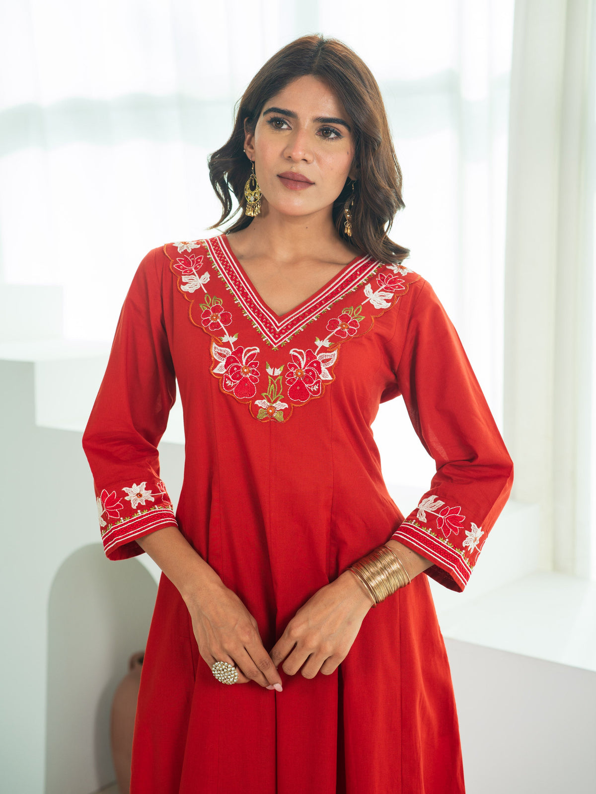 Embroidered Soft Cotton Solid Anarkali Rust Kurta