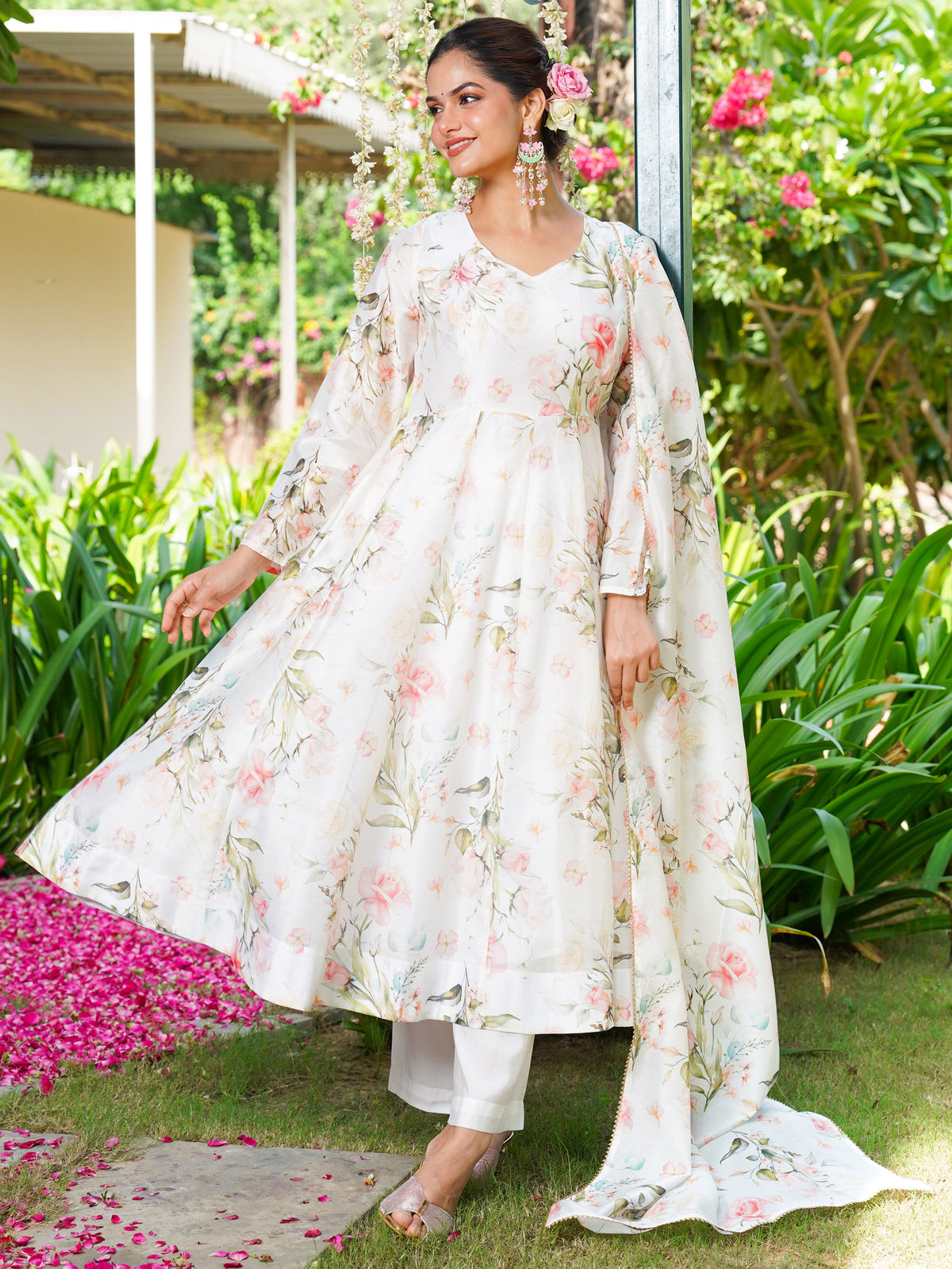 Chanderi Floral White Dupatta