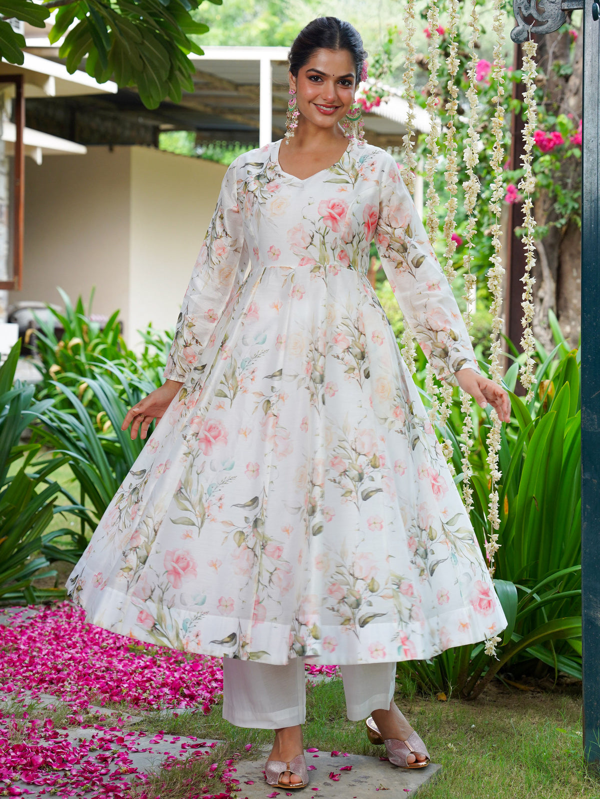 Chanderi Floral Anarkali White Kurta
