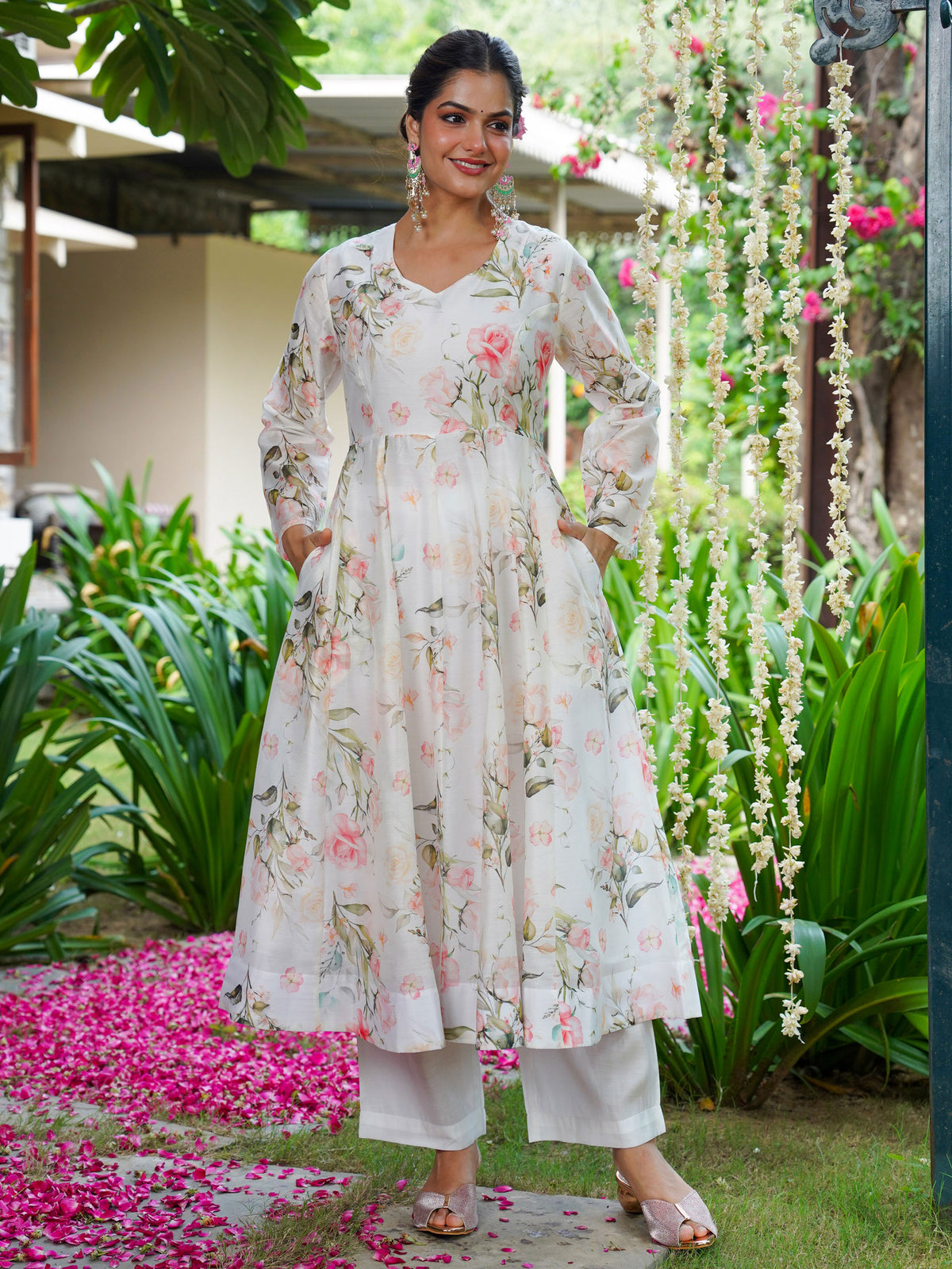 Chanderi Floral Anarkali White Kurta