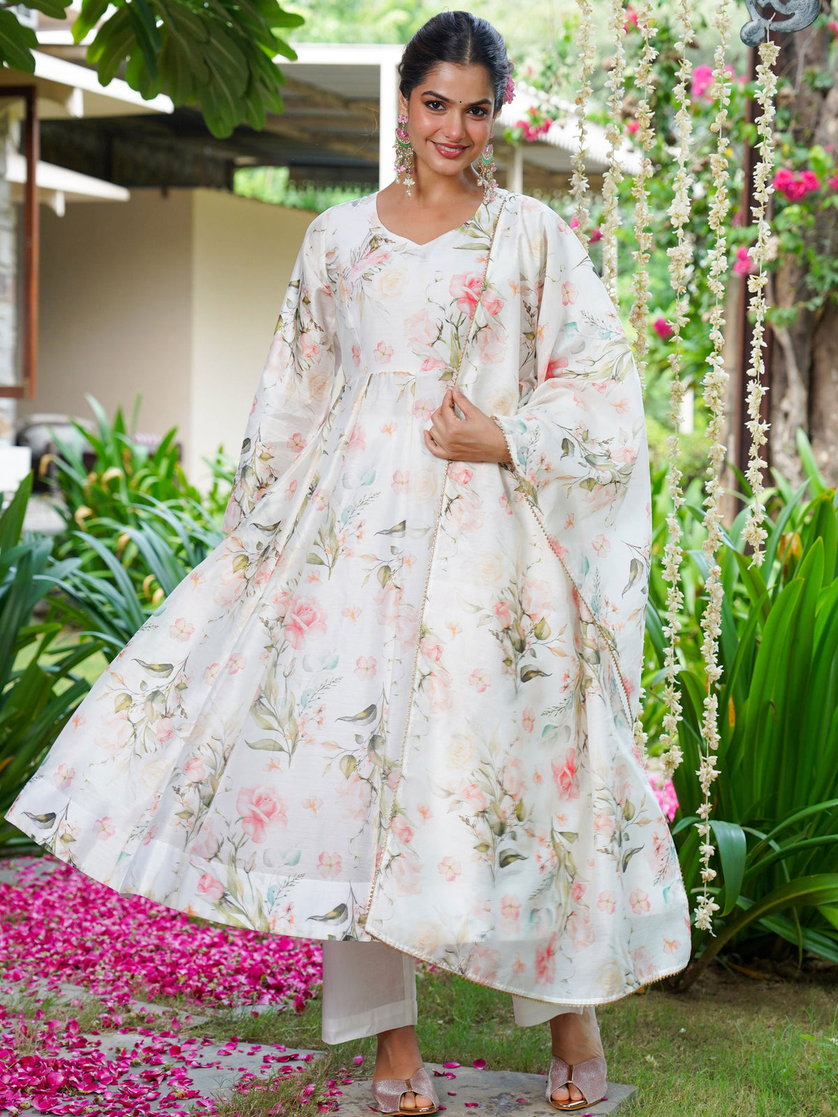 Chanderi Floral Anarkali White Kurta