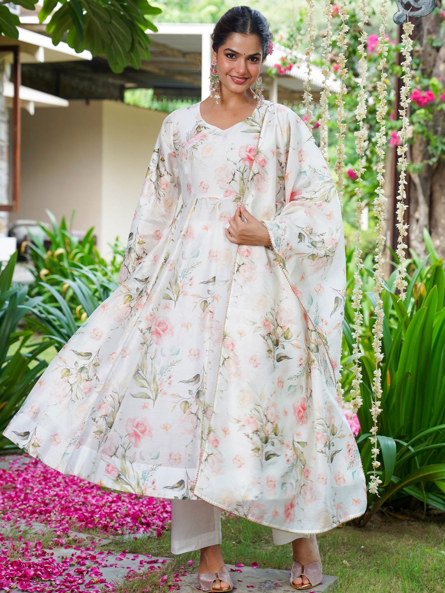 Chanderi Floral Anarkali White Kurta