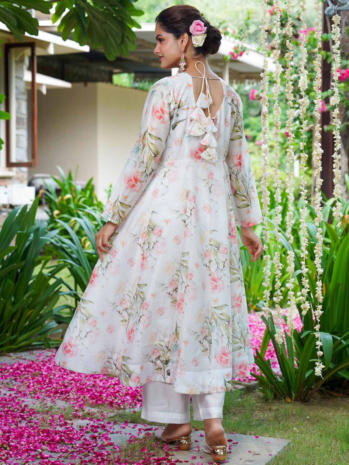 Chanderi Floral Anarkali White Kurta