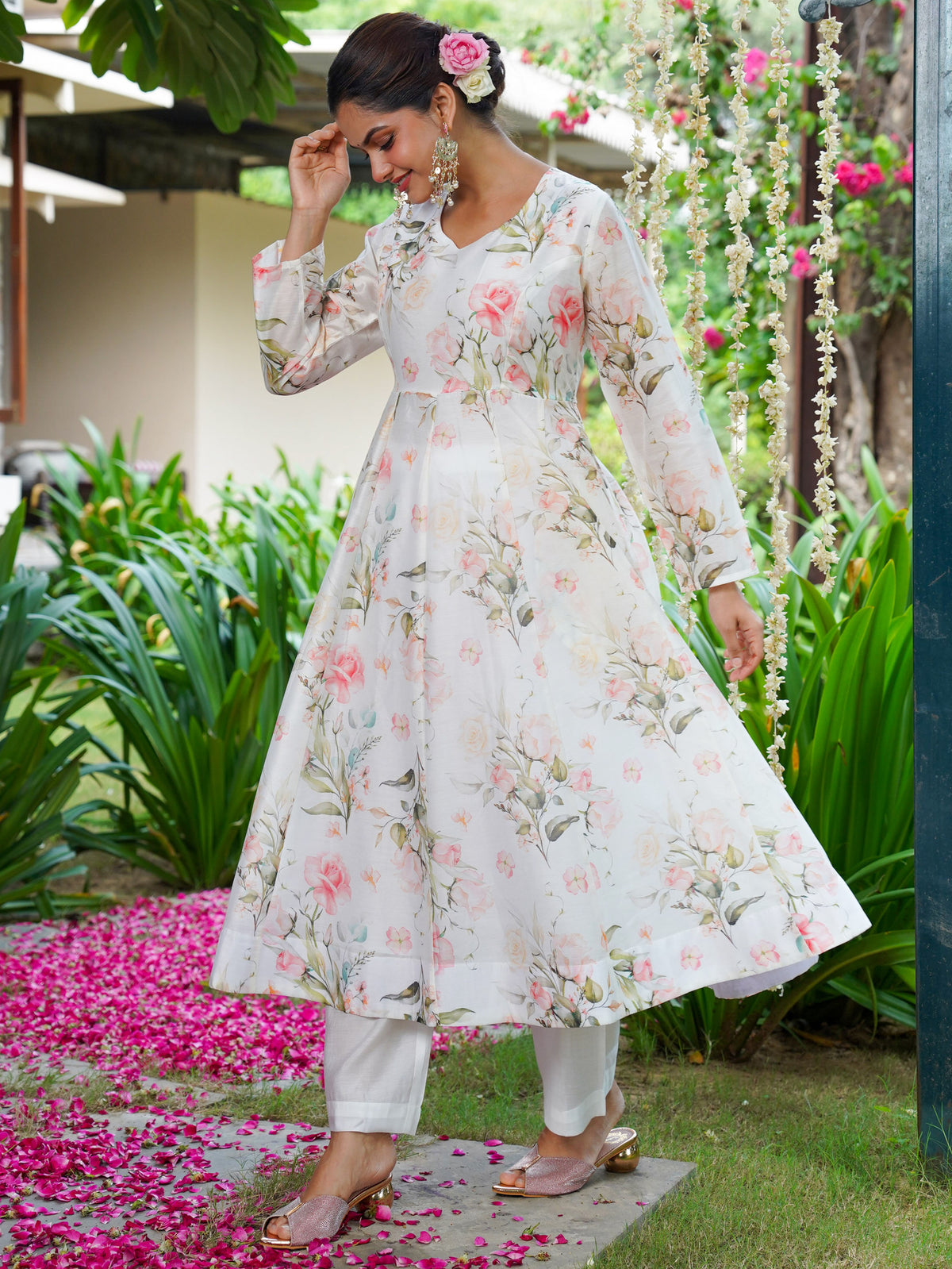 Chanderi Floral Anarkali White Kurta