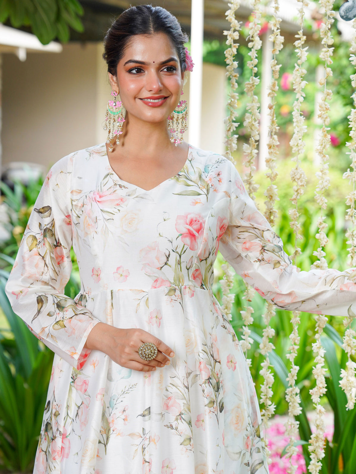 Chanderi Floral Anarkali White Kurta