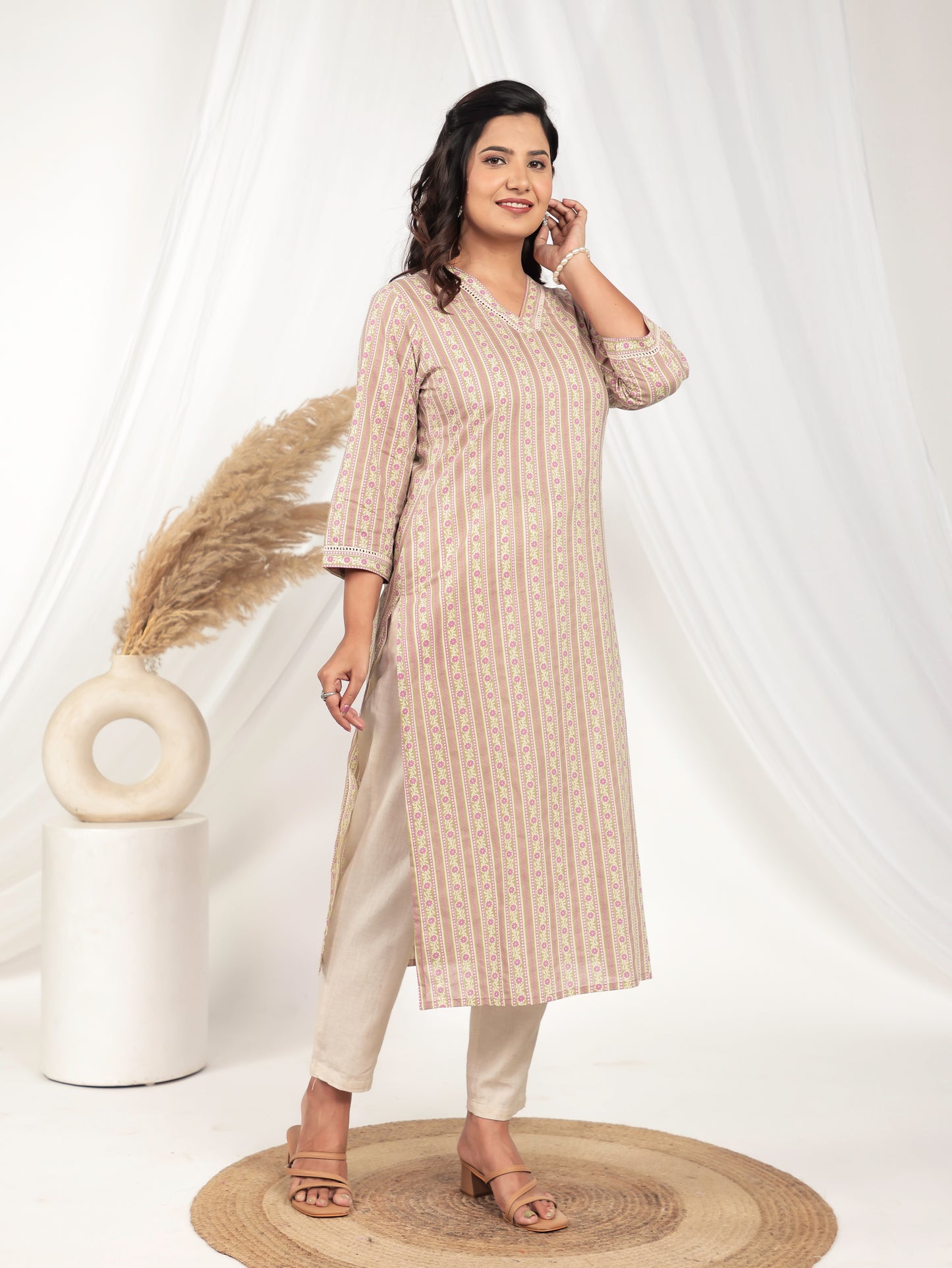 Soft Cotton Striped Straight White Kurta