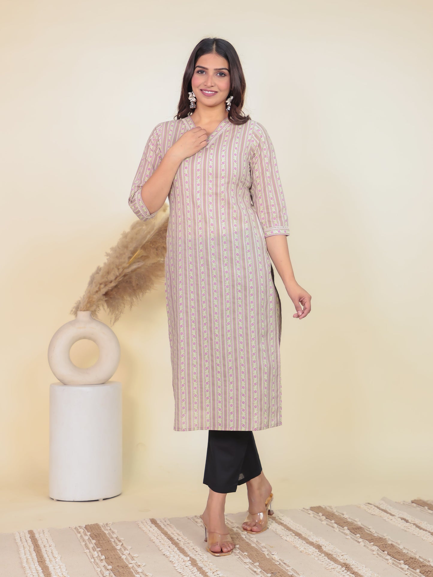 Soft Cotton Striped Straight White Kurta