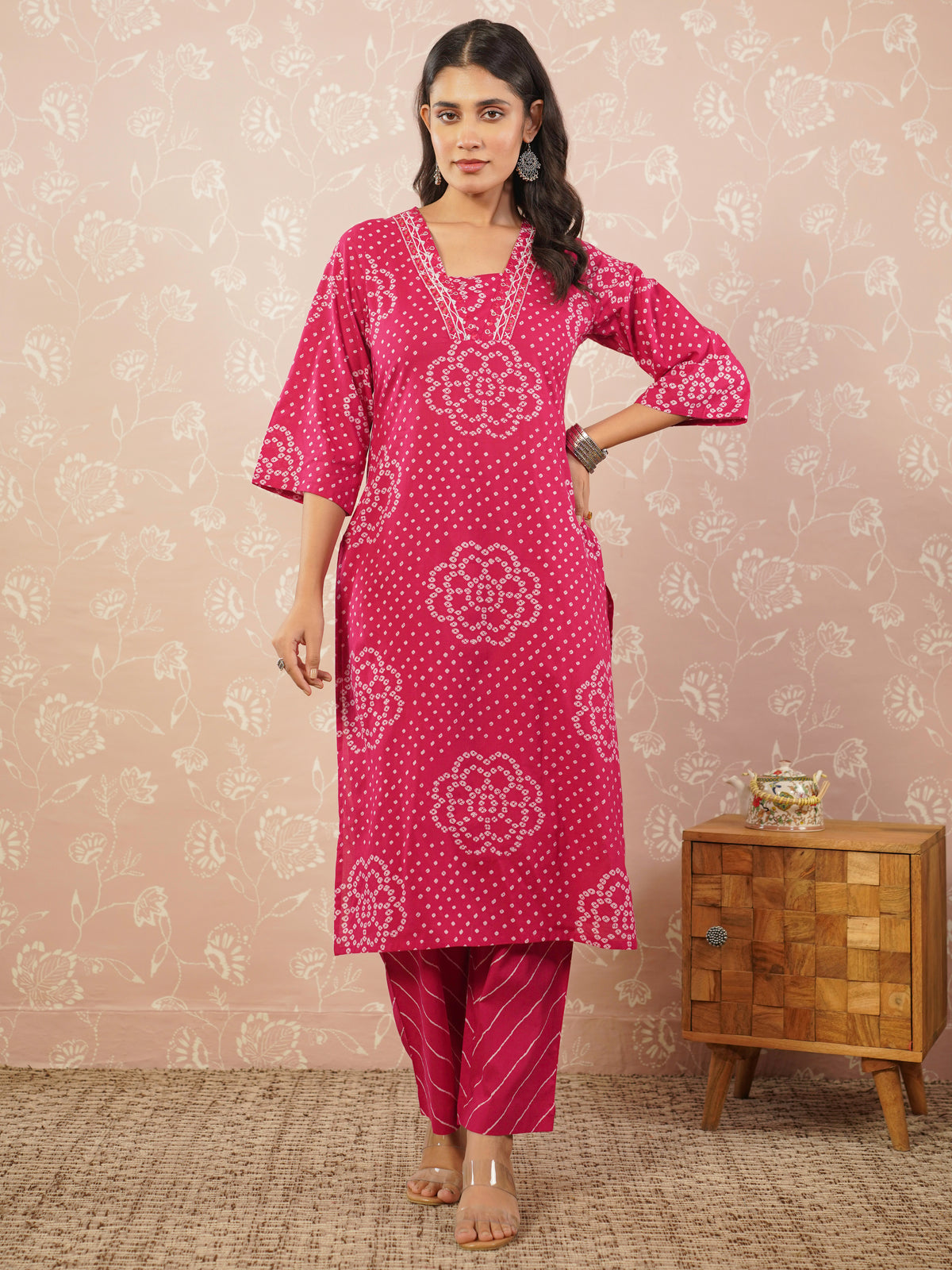 Embroidered soft cotton bandhani straight royal pink kurta