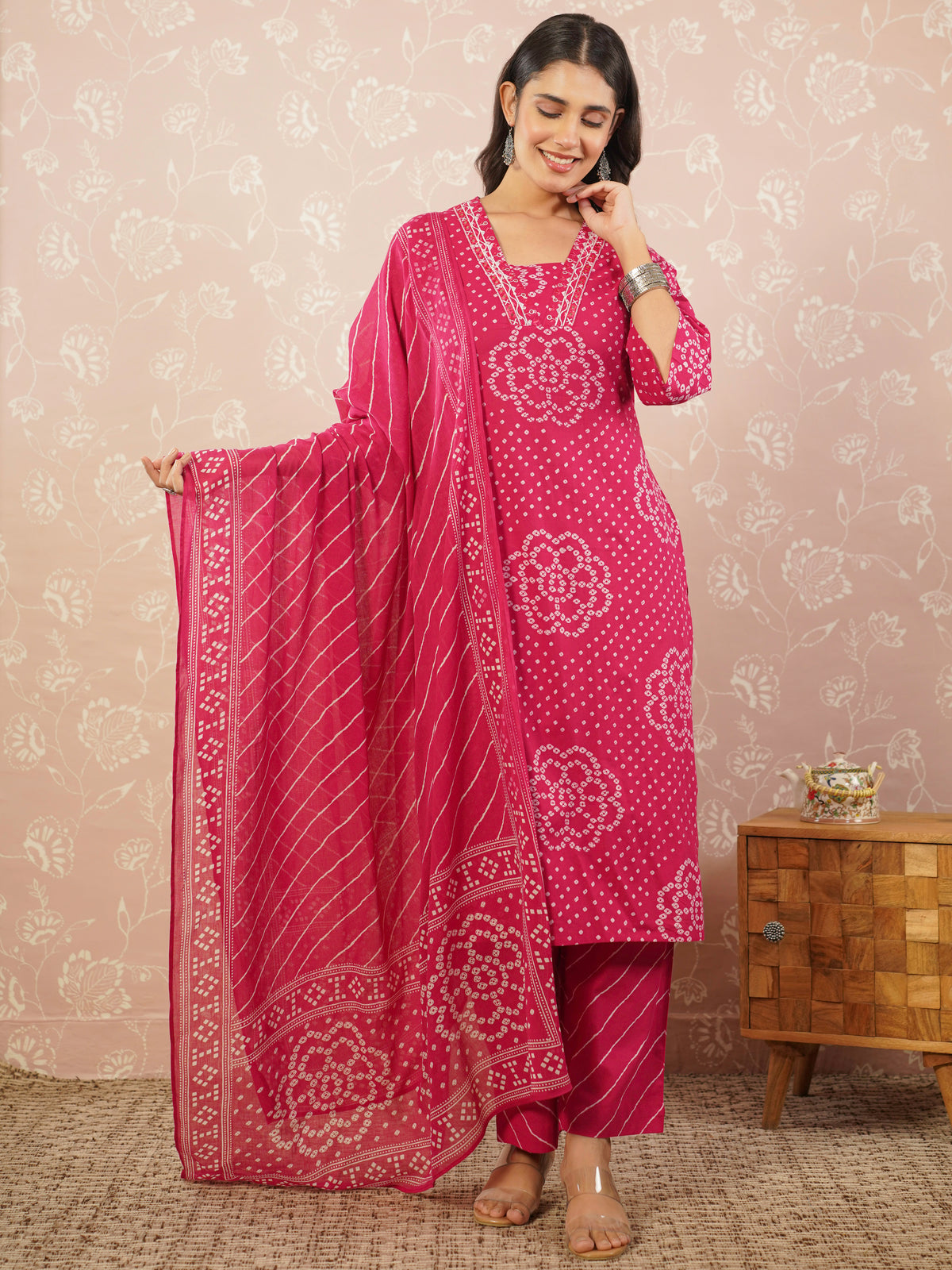 Embroidered soft cotton bandhani straight royal pink kurta