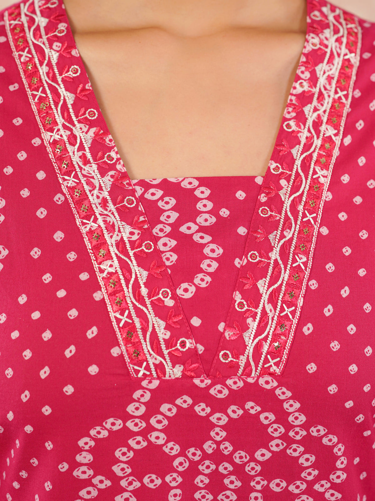 Embroidered soft cotton bandhani straight royal pink kurta