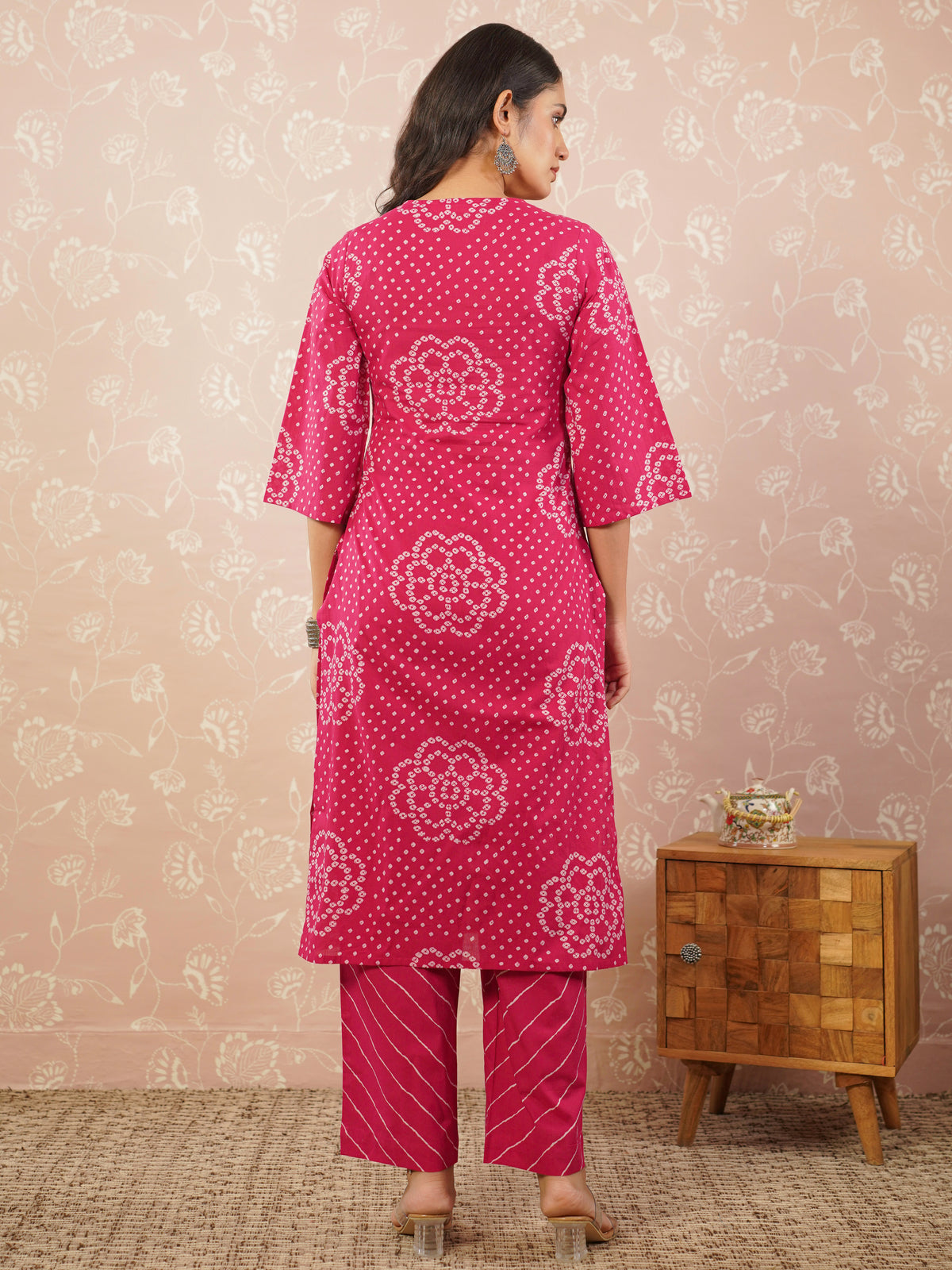 Embroidered soft cotton bandhani straight royal pink kurta