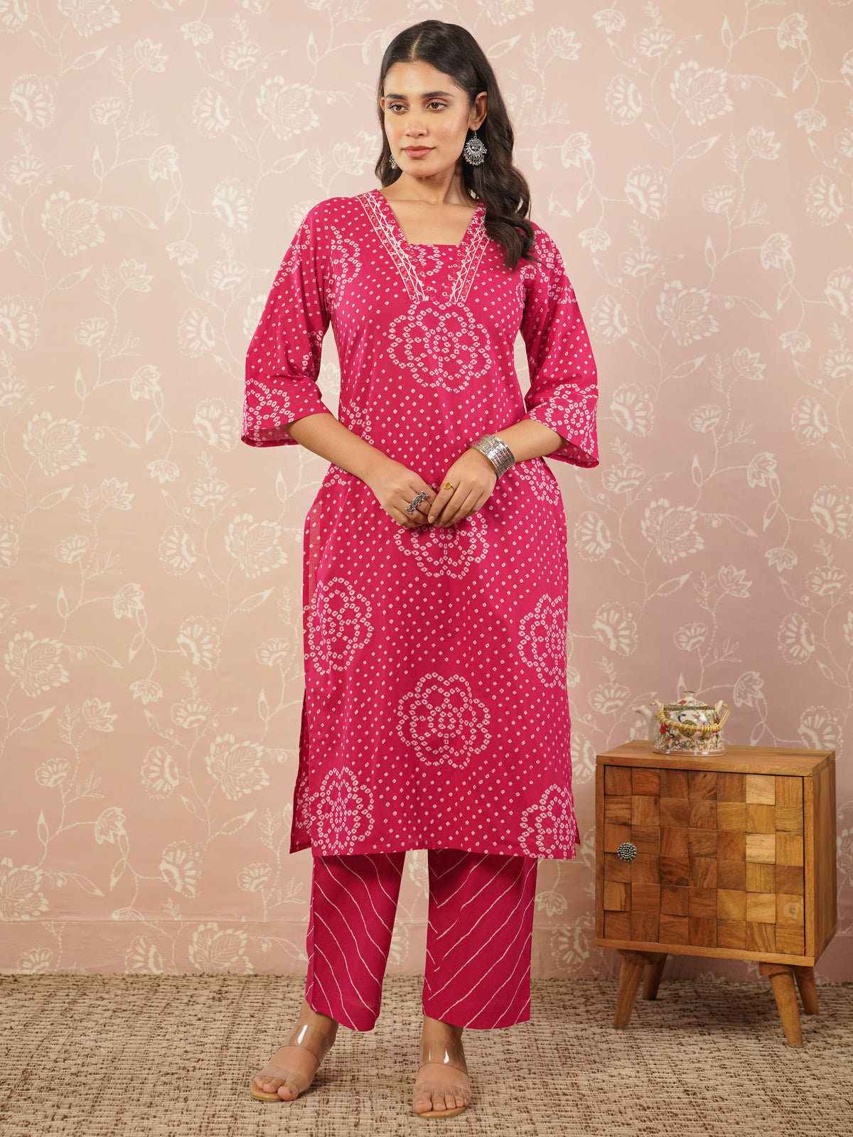 Embroidered soft cotton bandhani straight royal pink kurta
