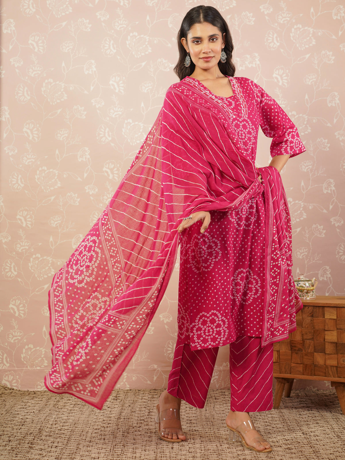 Embroidered soft cotton bandhani straight royal pink kurta