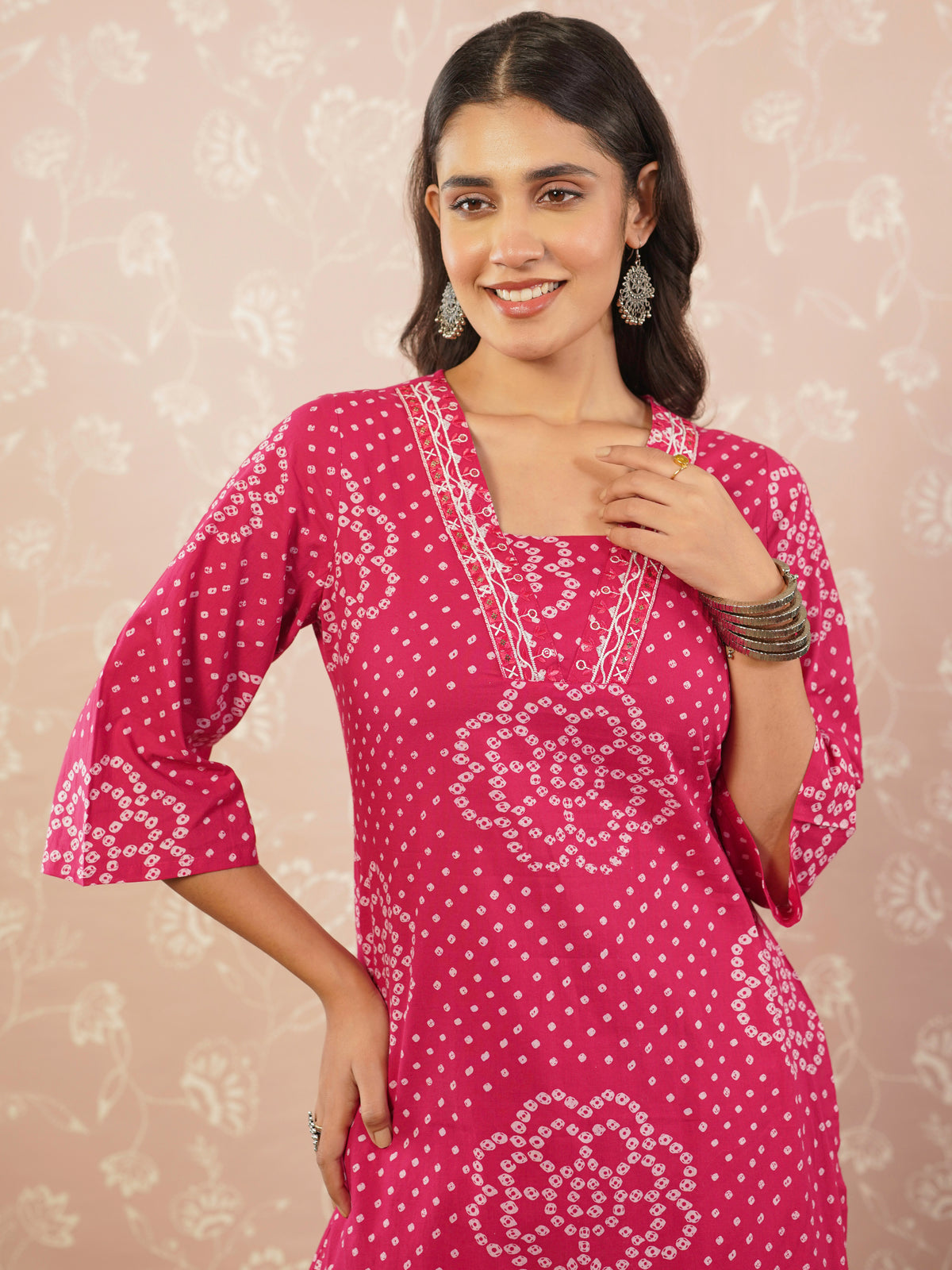 Embroidered soft cotton bandhani straight royal pink kurta