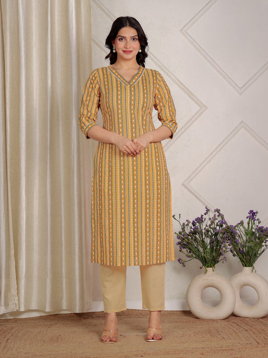 Soft Cotton Striped Straight Yellow Kurta