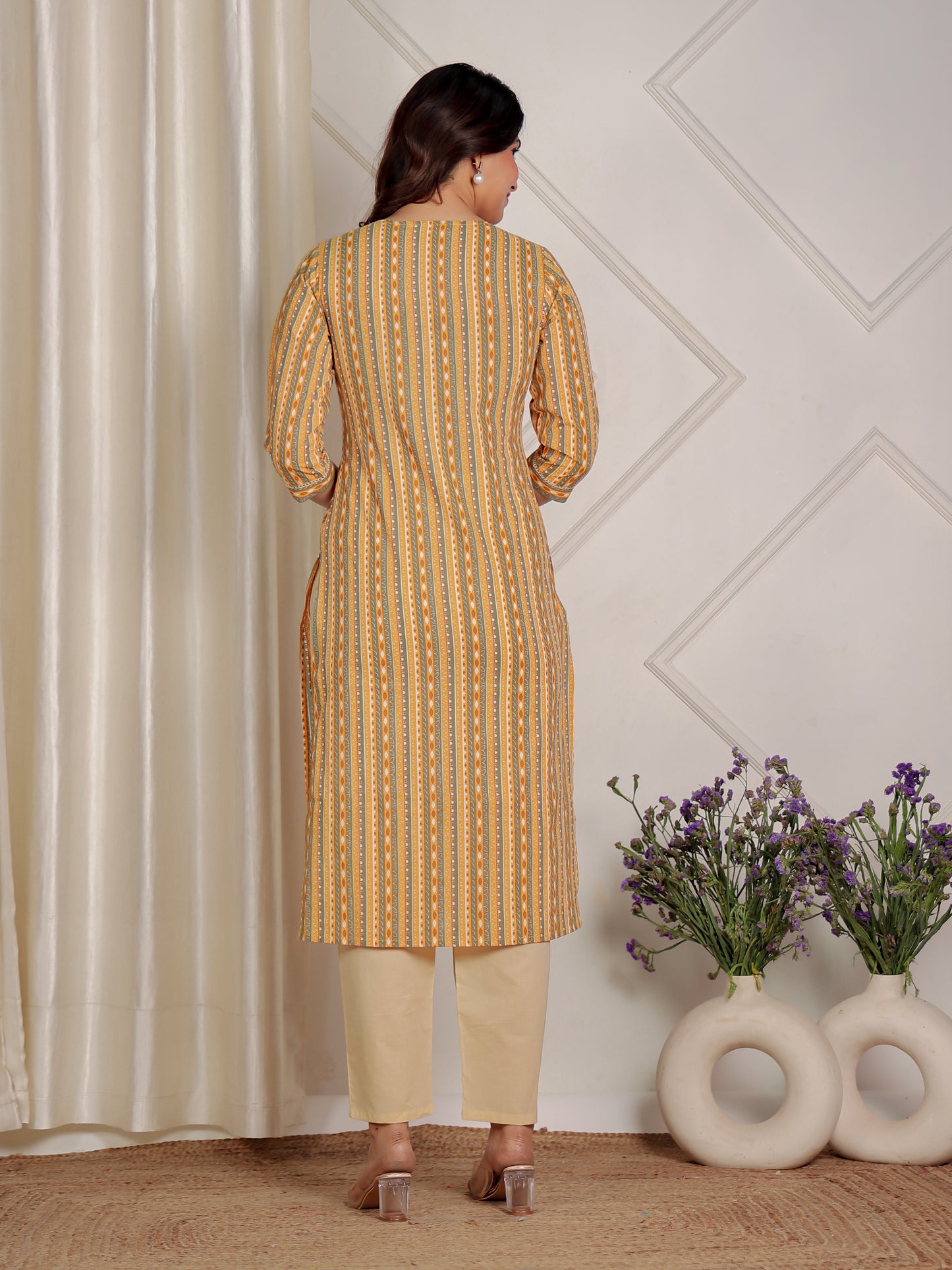 Soft Cotton Striped Straight Yellow Kurta