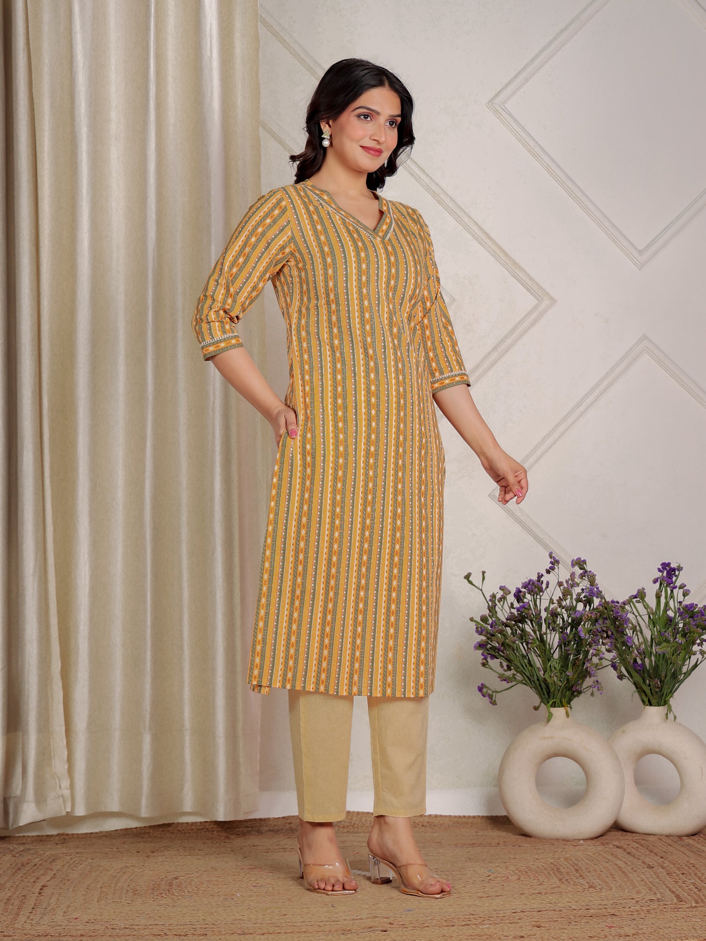 Soft Cotton Striped Straight Yellow Kurta