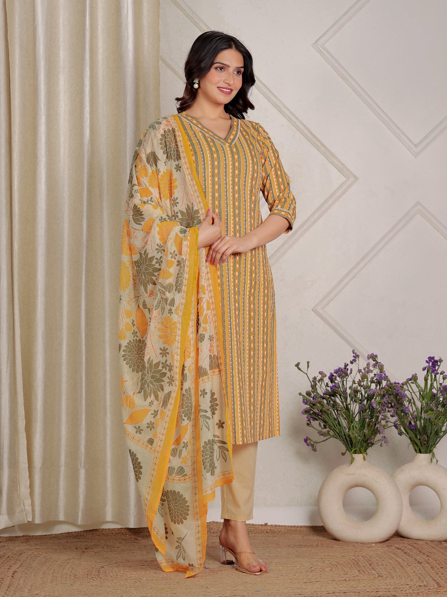 Soft Cotton Striped Straight Yellow Kurta