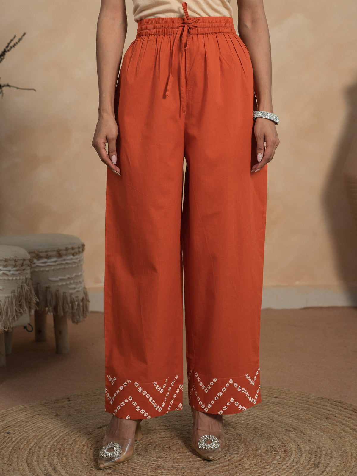 Soft Cotton Bandhani Orange Straight Trousers