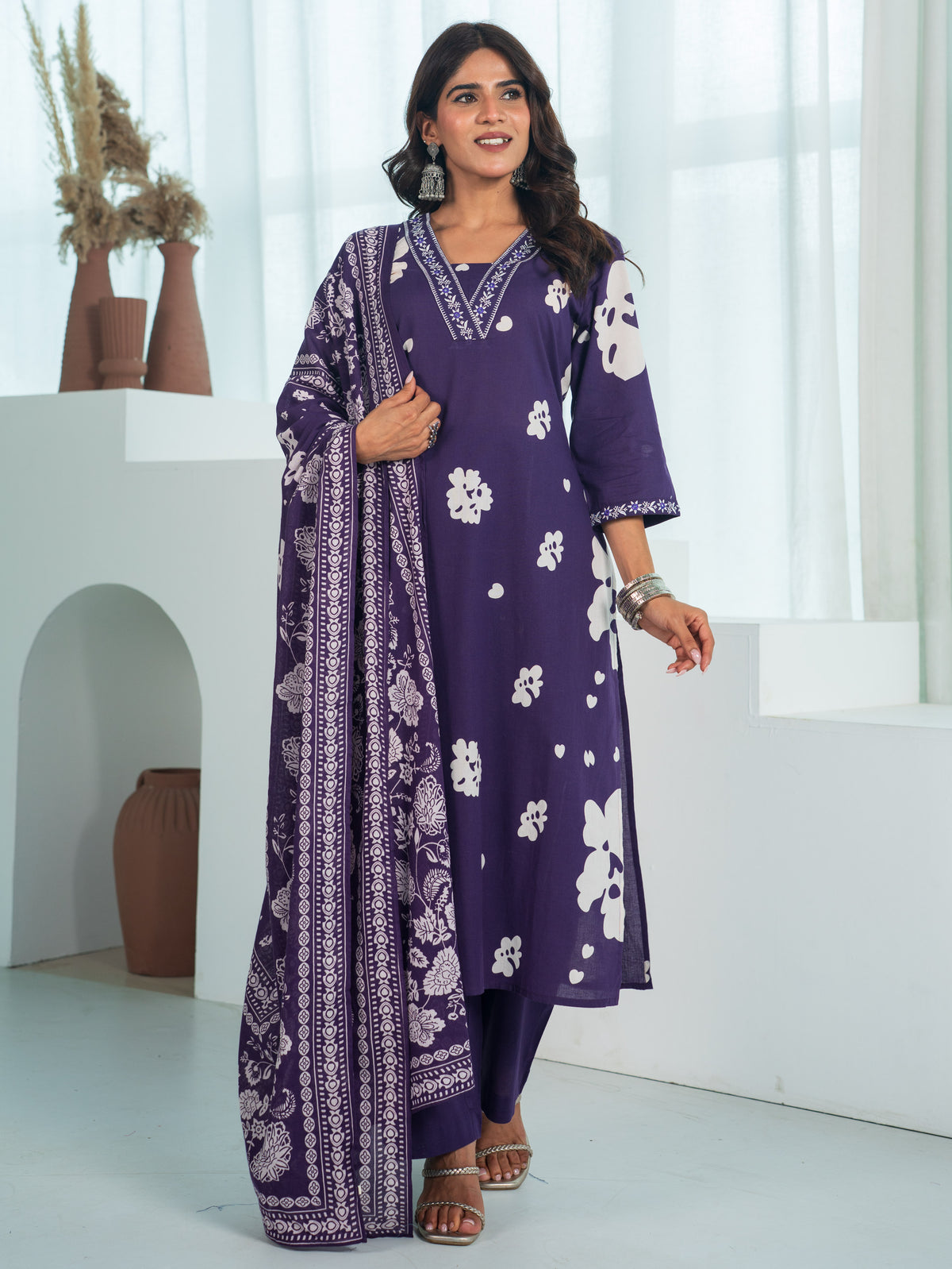 Cotton Voile Floral Violet Dupatta