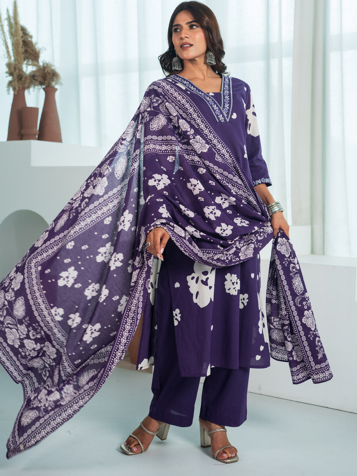 Cotton Voile Floral Violet Dupatta