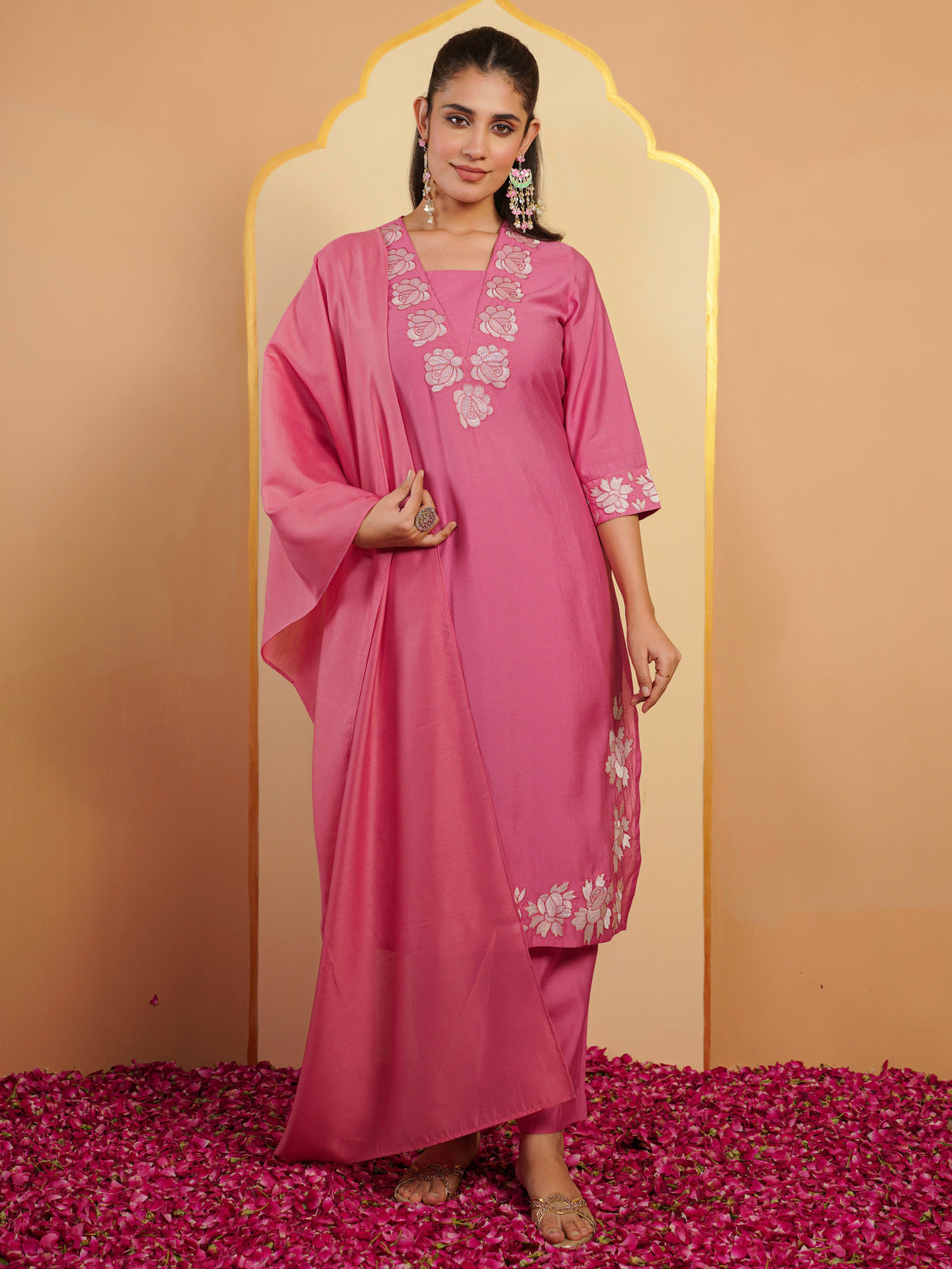 chanderi solid straight pink dupatta