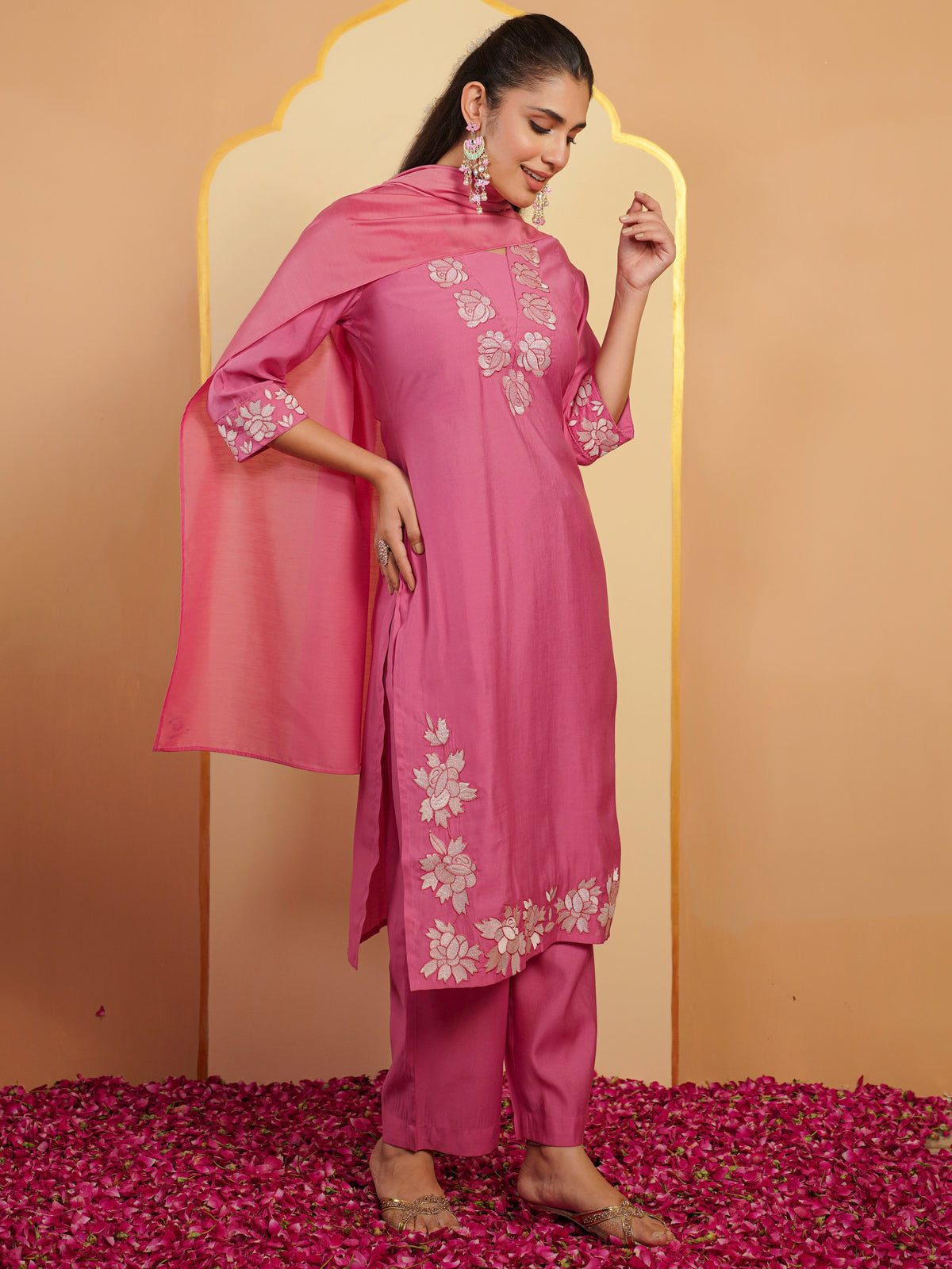 chanderi solid straight pink dupatta