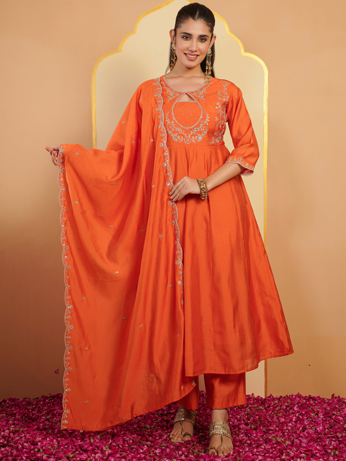 Embroidered chanderi solid orange dupatta