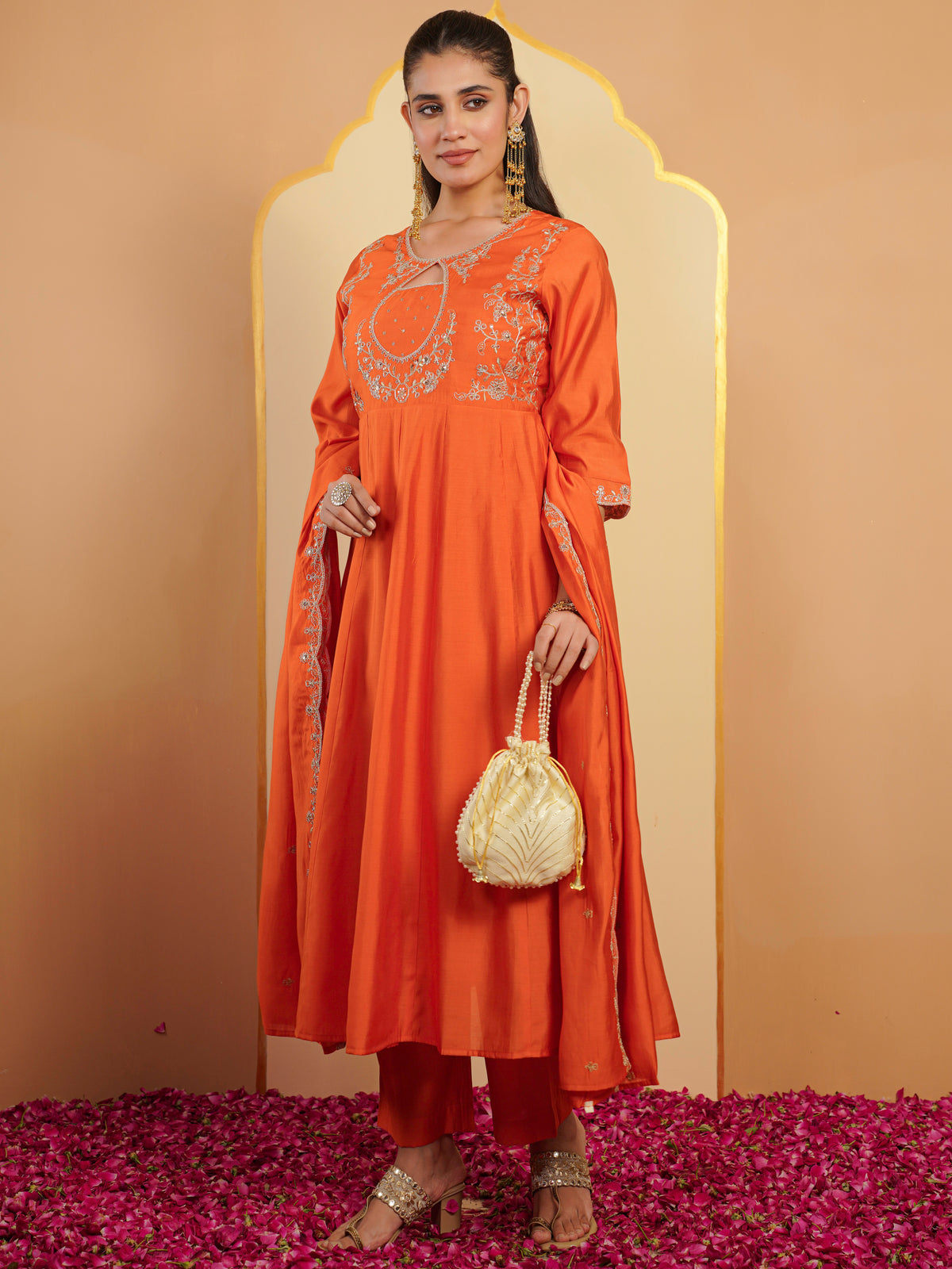 Embroidered chanderi solid orange dupatta
