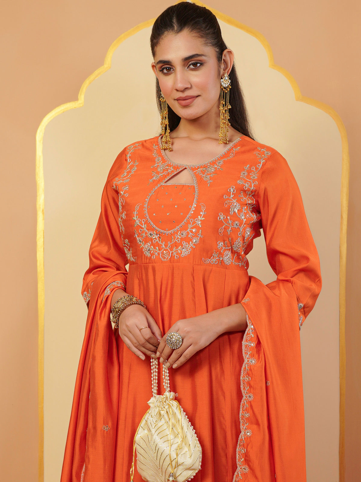 Embroidered chanderi solid anarkali orange kurta
